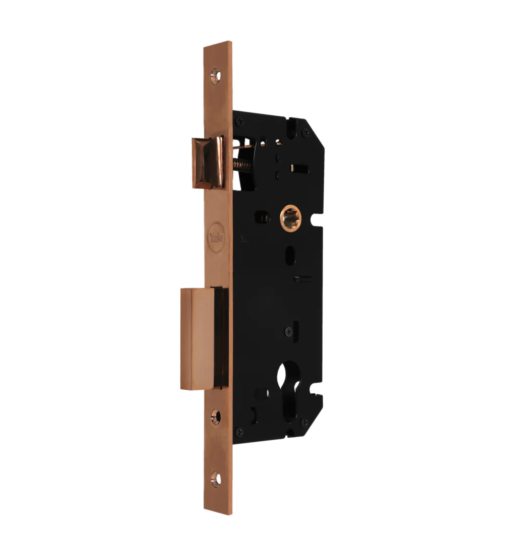 Yale Mortise Lock, 85mm Centre Distance And 45mm Backset, PVD Rose Gold color plate with Strike plate in box