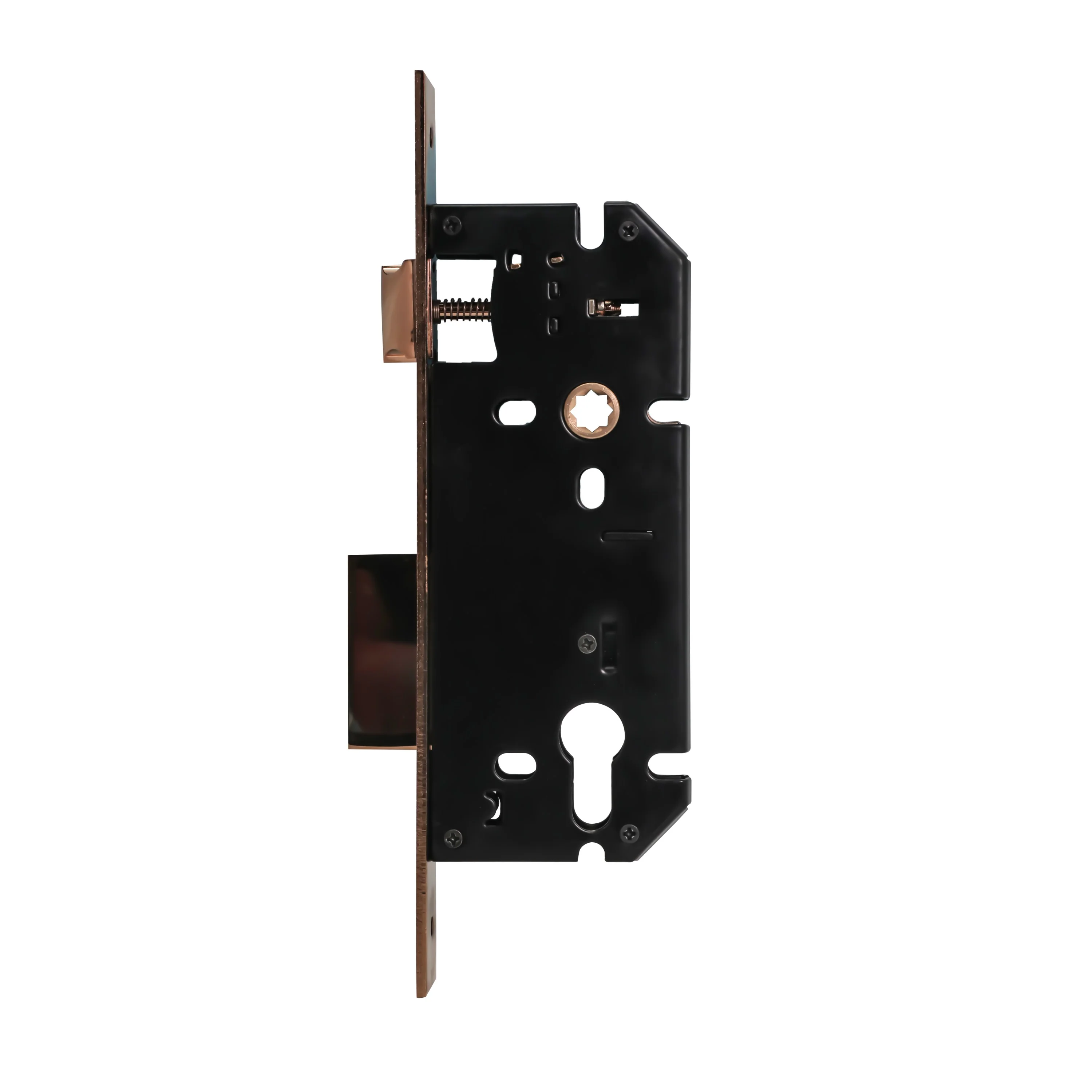 Yale Mortise Lock, 85mm Centre Distance And 45mm Backset, PVD Rose Gold color plate with Strike plate in box - Image 3