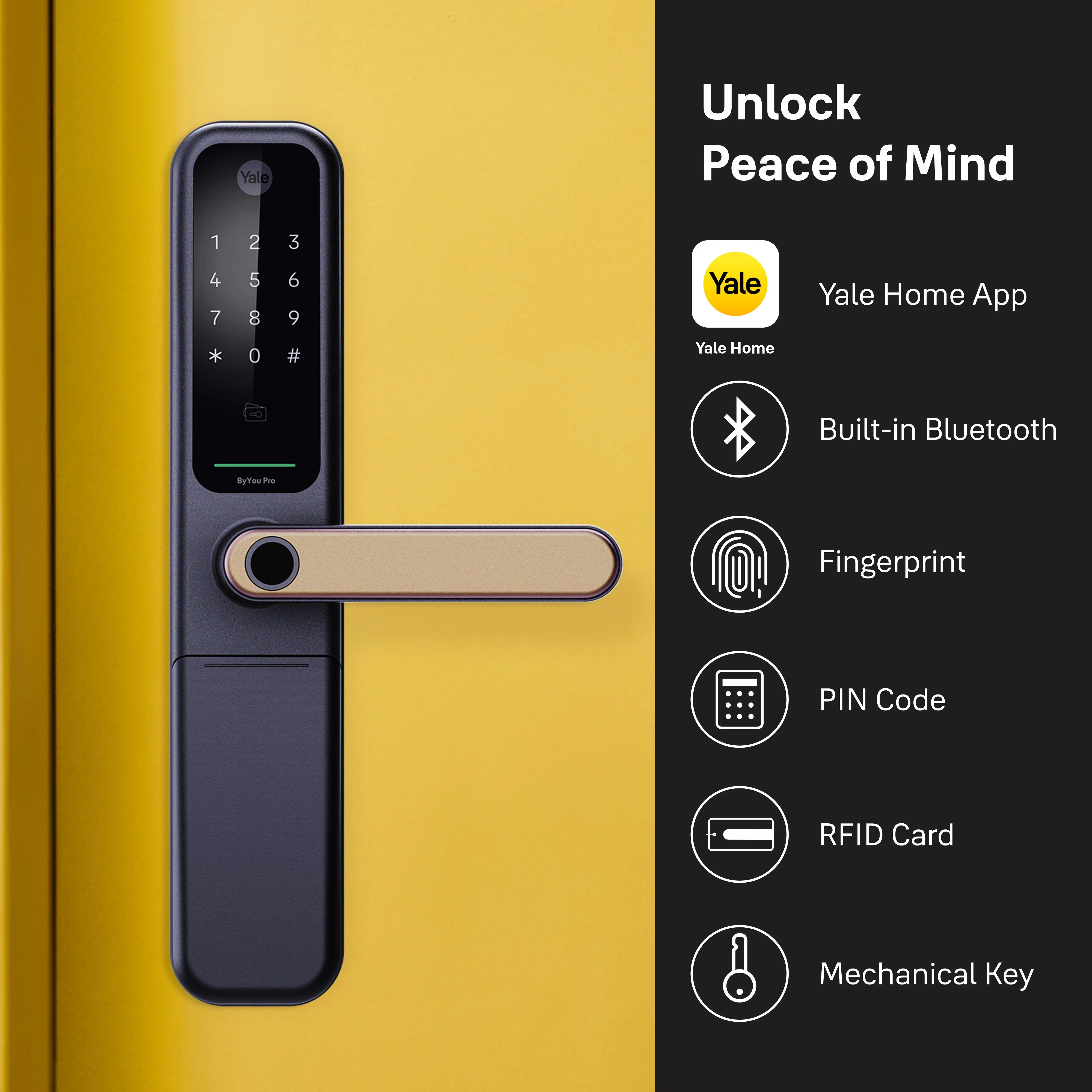 ByYou Mortise Smart Door Lock with 5 Way Unlocking Fingerprints, In-built Bluetooth, PIN Code, RFID Tag, Manual Key (Black/Gold) - Image 5