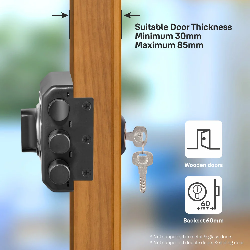 Yale Kratos™ Rimlock – Tribolt, 2 Deadbolts & 1 Latch Bolt, Thumbturn, 4 Dimple Keys (Black Matt and Black Nickel) - Image 4