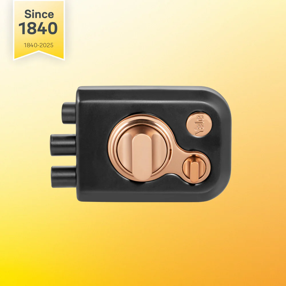 Yale Kratos™ KRT-LB-TT-BM/RG RIM lock for main door with 1 latch and 2 deadbolts, Knob inside and outside Dimple key (4nos.), Black Matt/Rose Gold (Dual Finish) - Image 2