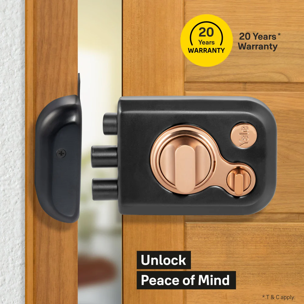 Yale Kratos™ KRT-LB-TT-BM/RG RIM lock for main door with 1 latch and 2 deadbolts, Knob inside and outside Dimple key (4nos.), Black Matt/Rose Gold (Dual Finish) - Image 3