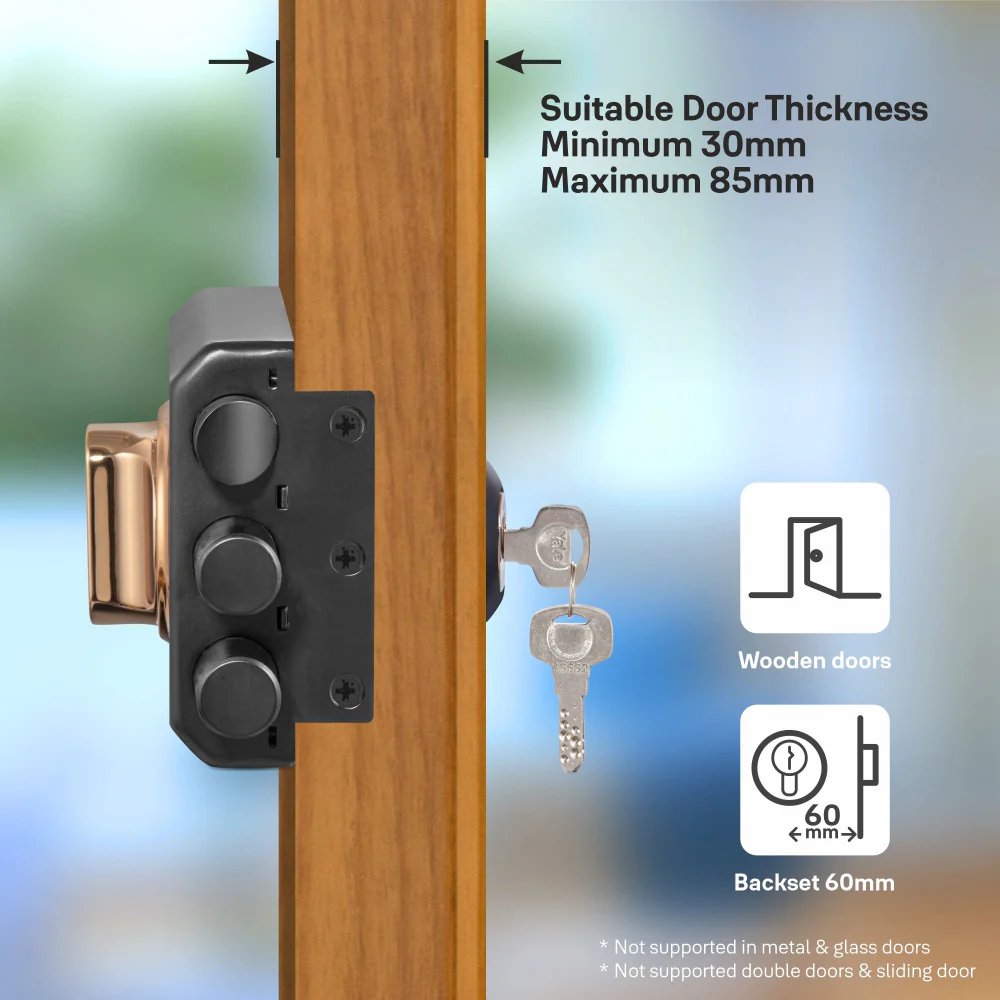 Yale Kratos™ KRT-LB-TT-BM/RG RIM lock for main door with 1 latch and 2 deadbolts, Knob inside and outside Dimple key (4nos.), Black Matt/Rose Gold (Dual Finish) - Image 4