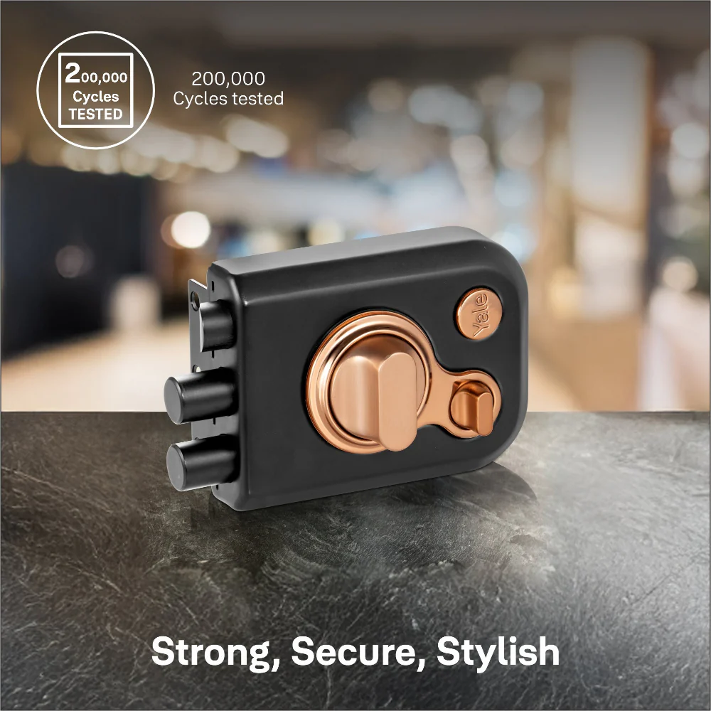 Yale Kratos™ KRT-LB-TT-BM/RG RIM lock for main door with 1 latch and 2 deadbolts, Knob inside and outside Dimple key (4nos.), Black Matt/Rose Gold (Dual Finish) - Image 6