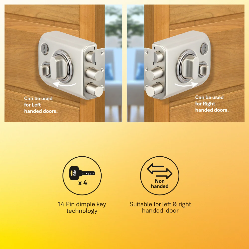 Yale Kratos™ 	KRT-LB-TT-SSM/BN Rim lock – Tribolt, 2 Deadbolts & 1 Latch Bolt, Thumbturn, 4 Dimple Keys (Satin Steel Matt and Black Nickel) - Image 5