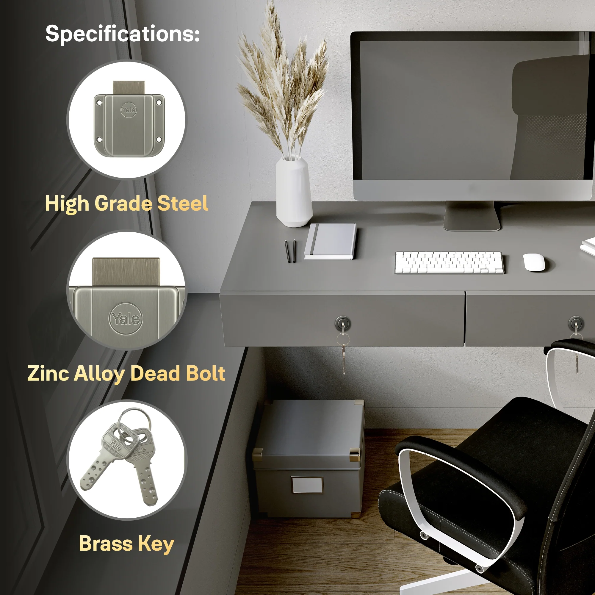 Yale Drawer Lock DRW Series 20mm | Stainless-steel Lock with Dimple Key | Reversible Keys | Deadbolt | Installed in Cupboards, Wardrobes & Wooden Furniture | Black Matt Color - Image 7