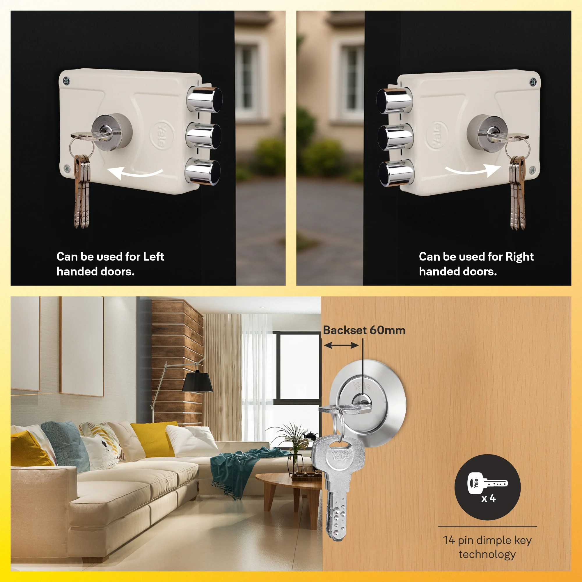 Yale Essential YE-MDL-3B-DC-DK-IN Rim Lock, 3 Deadbolts, Both side keys, 4 Dimple Keys (Ivory) - Image 6