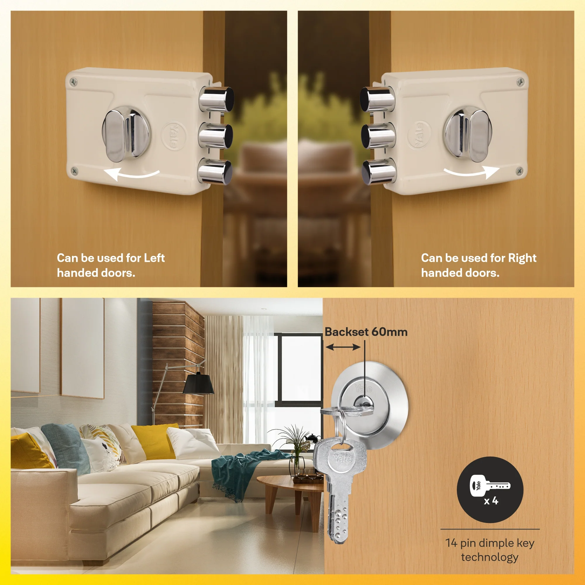 Yale Essential YE-MDL-3B-TT-DK-IN Rim Lock , 3 Deadbolts, Thumbturn, 4 Dimple Keys (Ivory) - Image 7