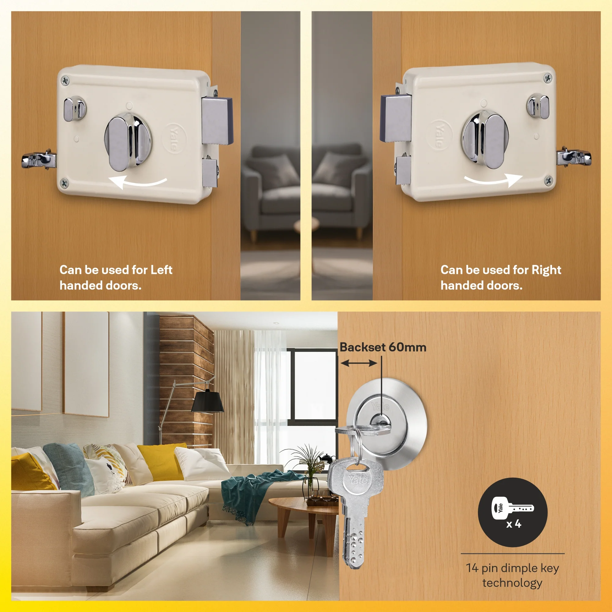 Yale Essential YE-NL-LB-TT-DK-IN Night Latch Rim Lock , 1 Deadbolt and 1 Latch Bolt, Thumbturn, 4 Dimple Keys (Ivory) - Image 6