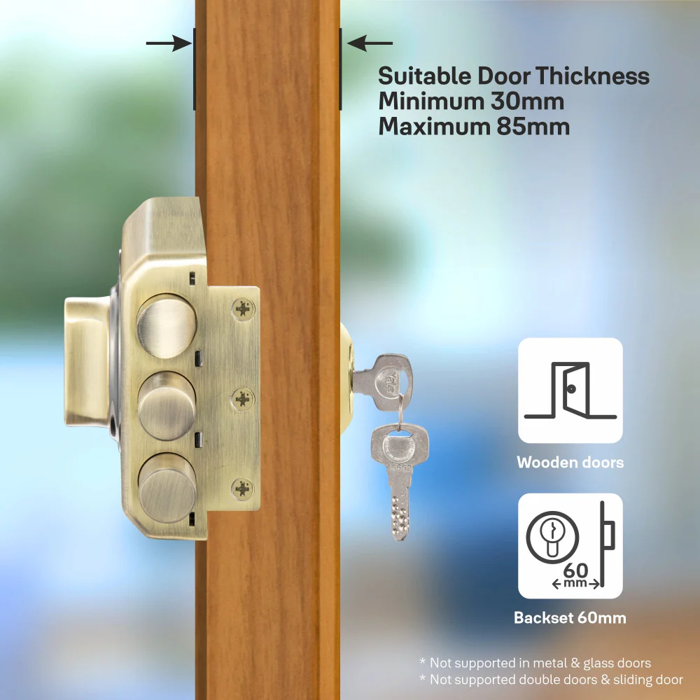 Yale Kratos™ Rimlock KRT-LB-TT-ABM/BN – Tribolt, 2 Deadbolts & 1 Latch Bolt, Knob Insid, 4 Dimple Keys (Antique Brass Matt and Black Nickel) - Image 4