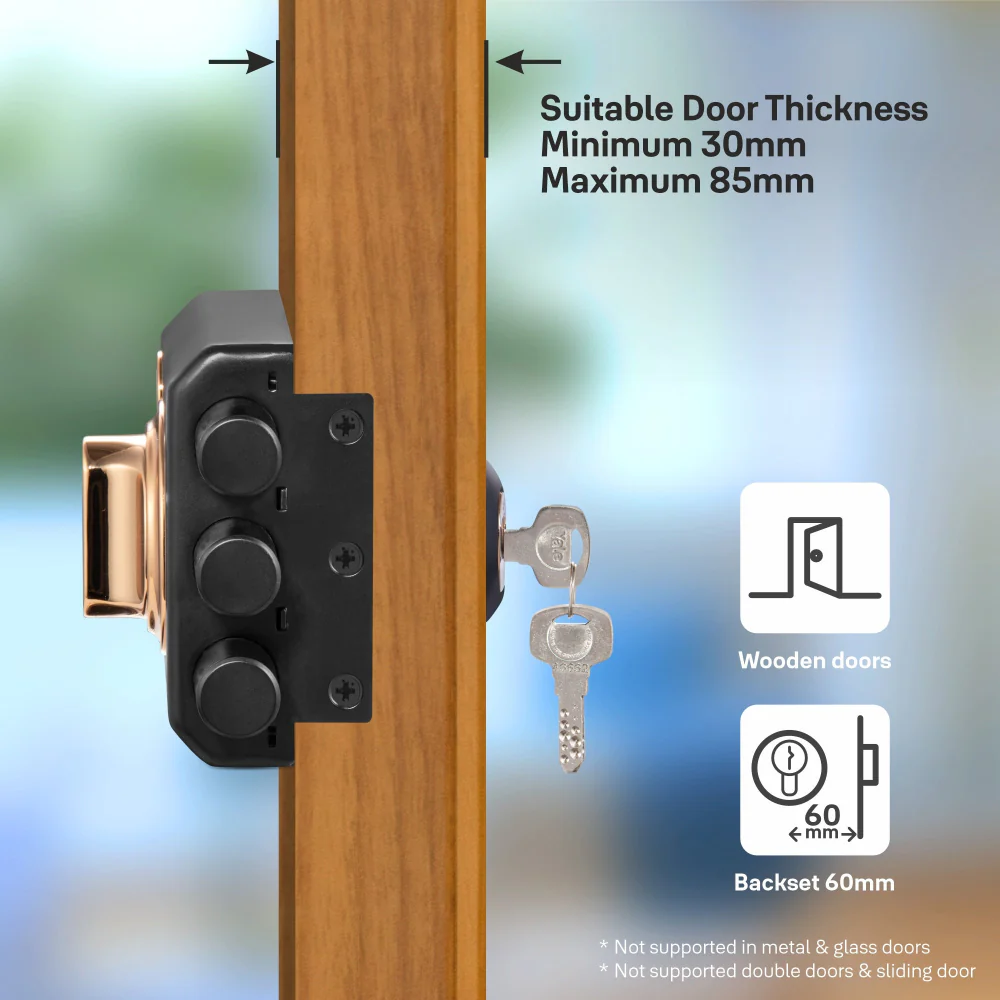 Yale Kratos™ RIM lock KRT-3B-TT-BM/RG – Tribolt, 3 Deadbolts, Thumbturn, 4 Dimple Keys (Black Matt and Rose Gold) - Image 4