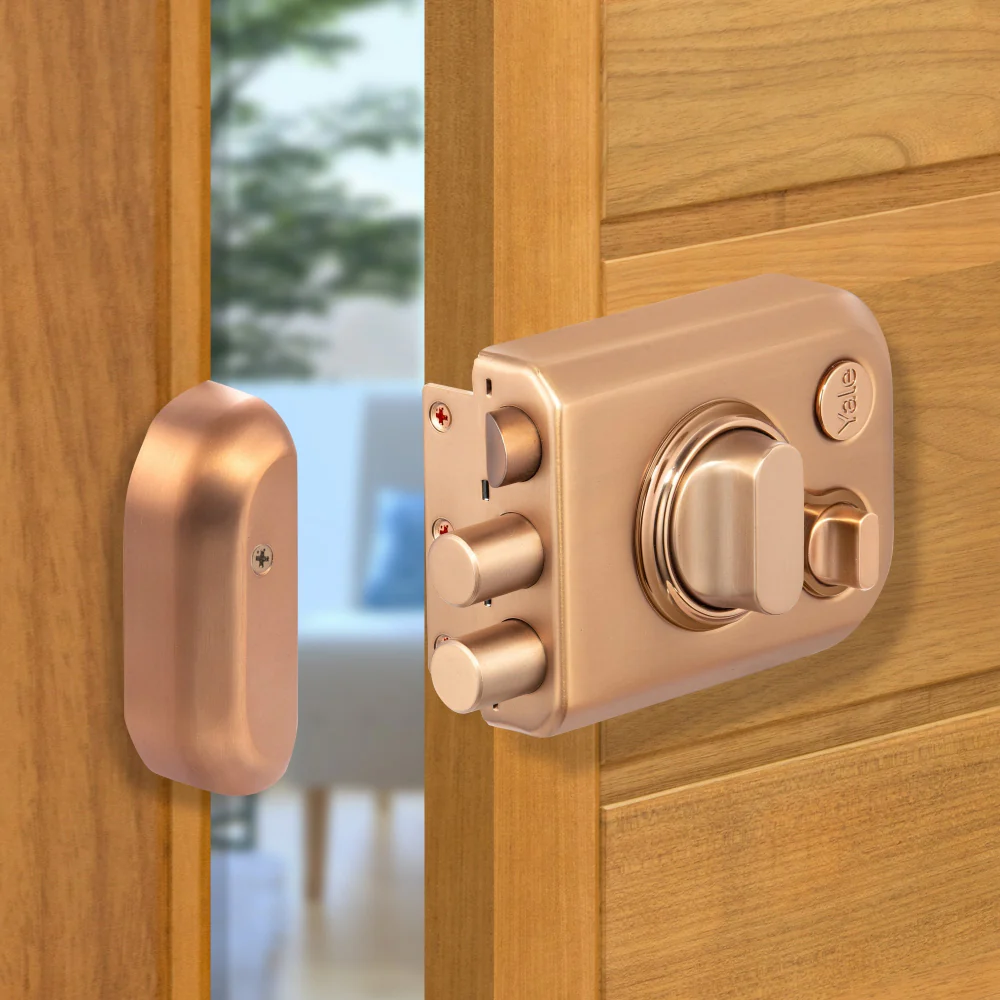 Yale Kratos™ KRT-LB-TT-RGM/RG RIM lock for main door with 1 latch and 2 deadbolts, Knob inside and outside Dimple key (4nos.), Rose Gold Matt/Rose Gold (Dual Finish)