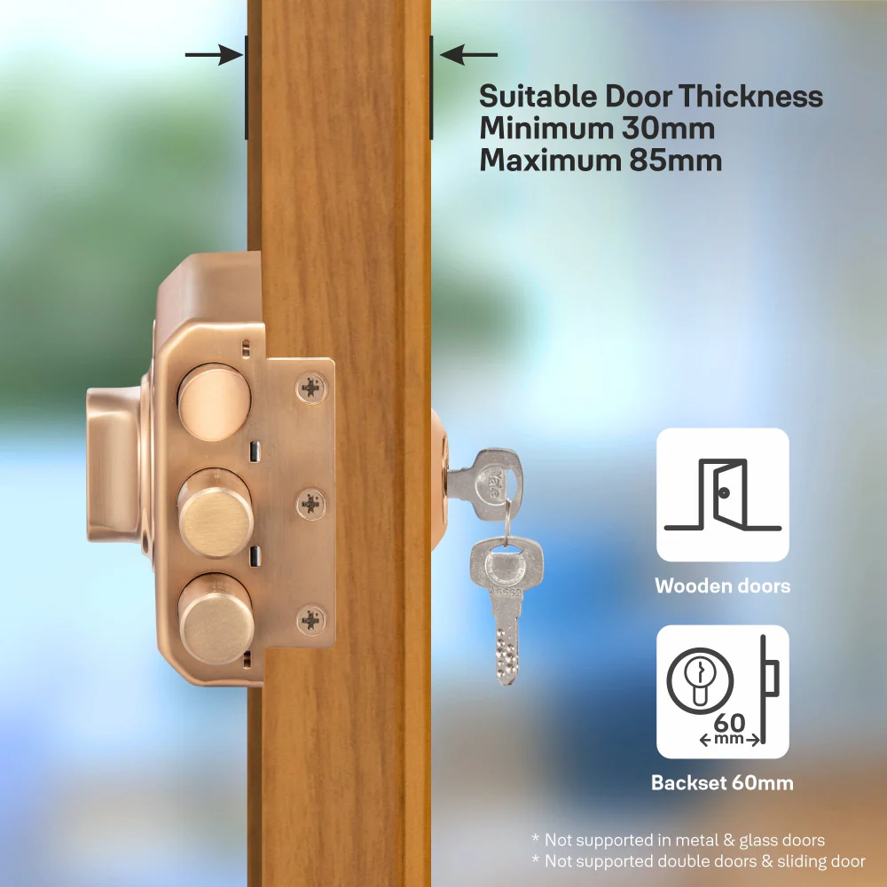 Yale Kratos™ KRT-LB-TT-RGM/RG RIM lock for main door with 1 latch and 2 deadbolts, Knob inside and outside Dimple key (4nos.), Rose Gold Matt/Rose Gold (Dual Finish) - Image 4
