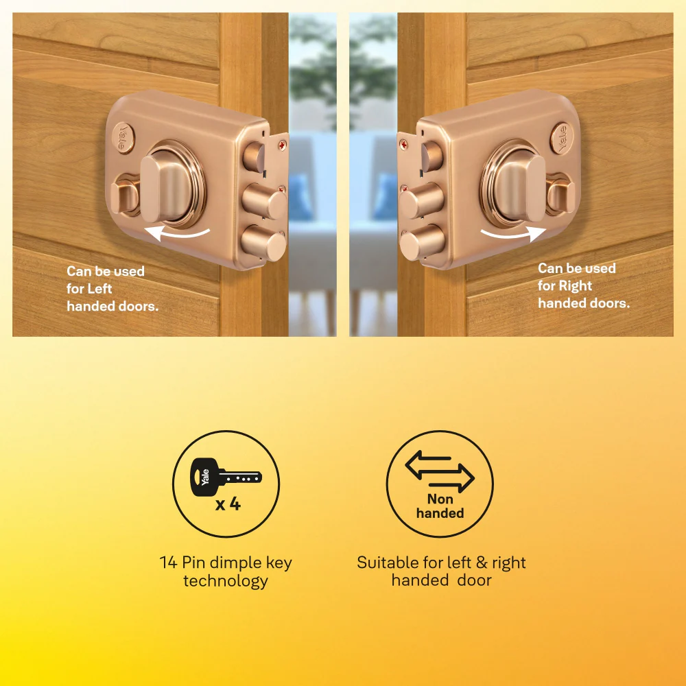 Yale Kratos™ KRT-LB-TT-RGM/RG RIM lock for main door with 1 latch and 2 deadbolts, Knob inside and outside Dimple key (4nos.), Rose Gold Matt/Rose Gold (Dual Finish) - Image 5