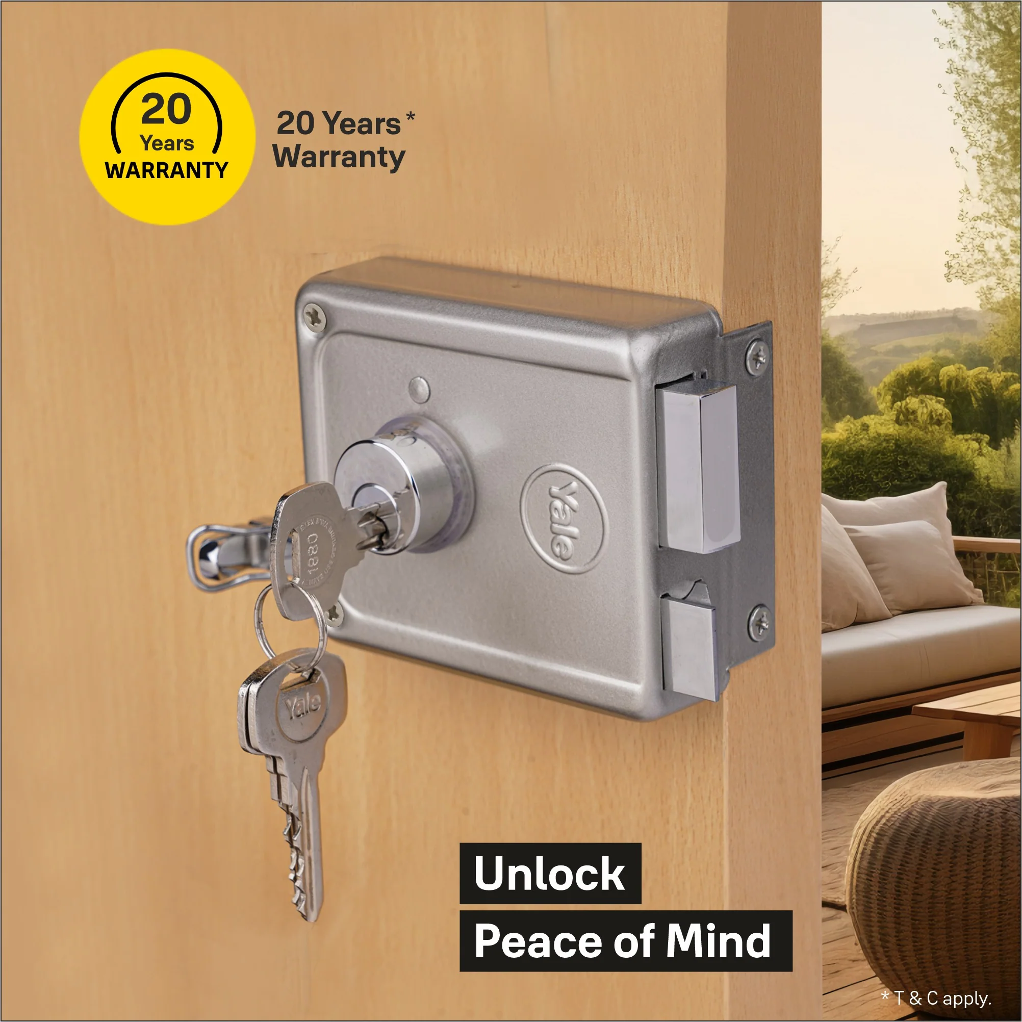 YALE RIM LOCK R300- LATCH AND DEADBOLT, BOTHSIDE REGULAR KEY (SILVER) 3 Keys| Main Door Lock - Image 2