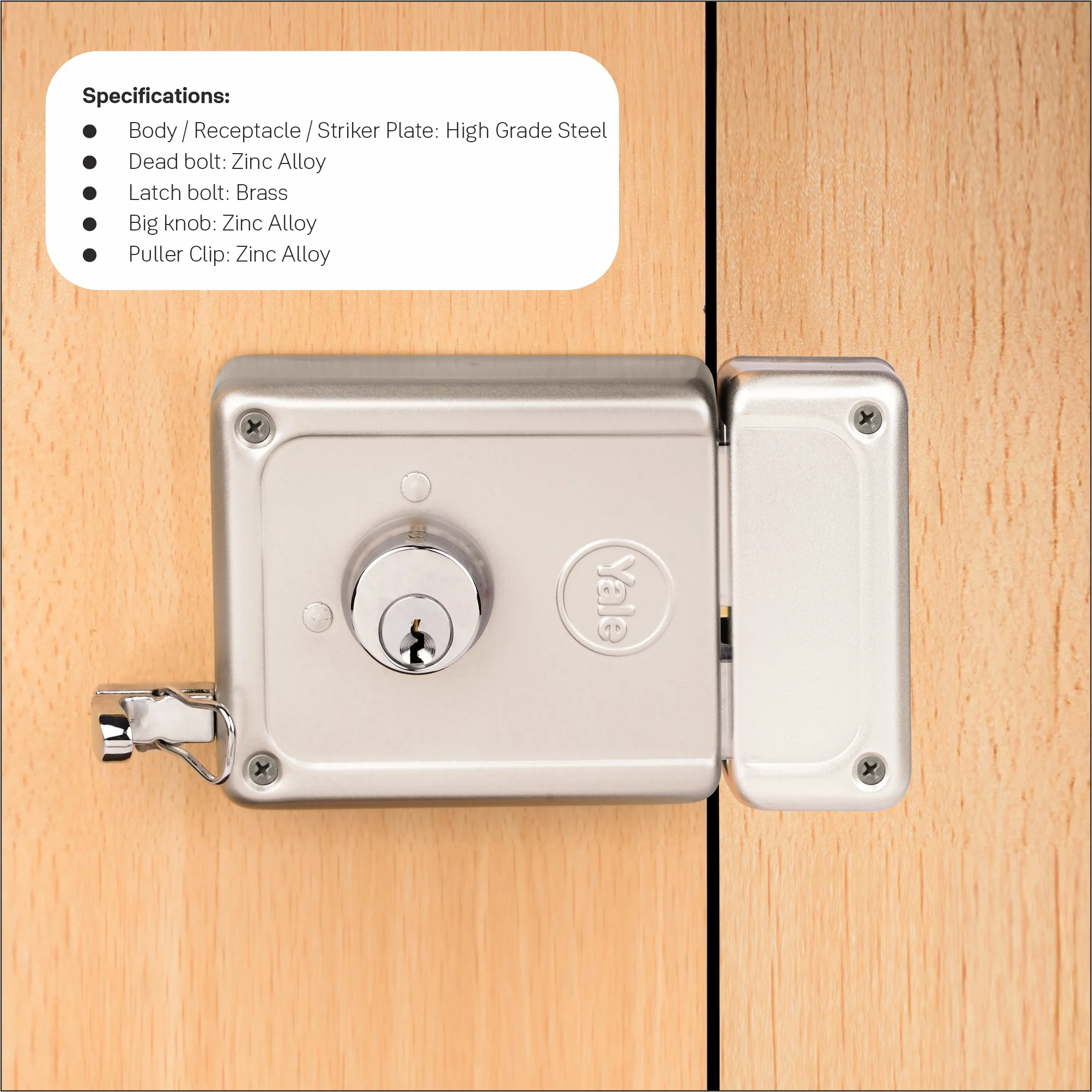 YALE RIM LOCK R300- LATCH AND DEADBOLT, BOTHSIDE REGULAR KEY (SILVER) 3 Keys| Main Door Lock - Image 4