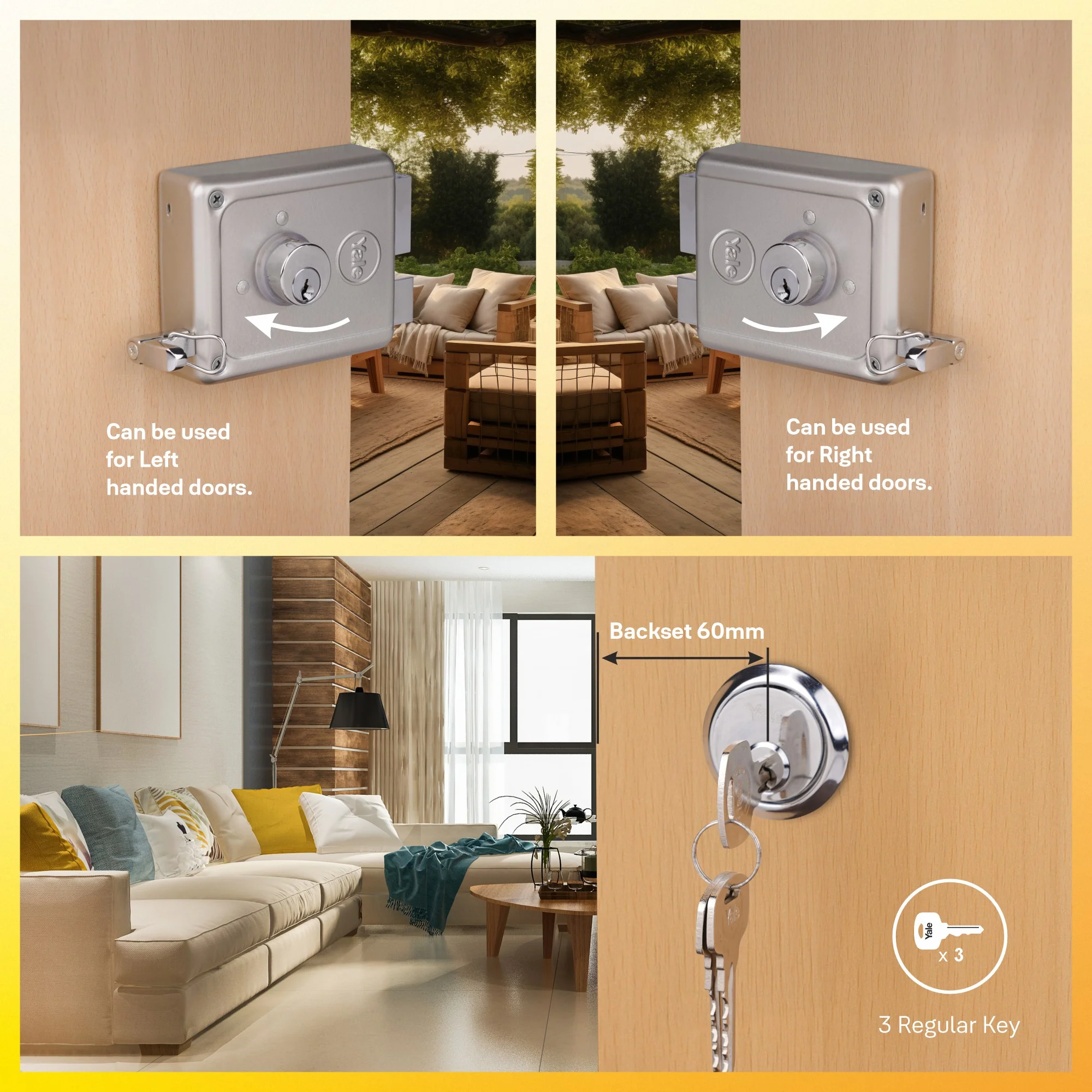 YALE RIM LOCK R300- LATCH AND DEADBOLT, BOTHSIDE REGULAR KEY (SILVER) 3 Keys| Main Door Lock - Image 5
