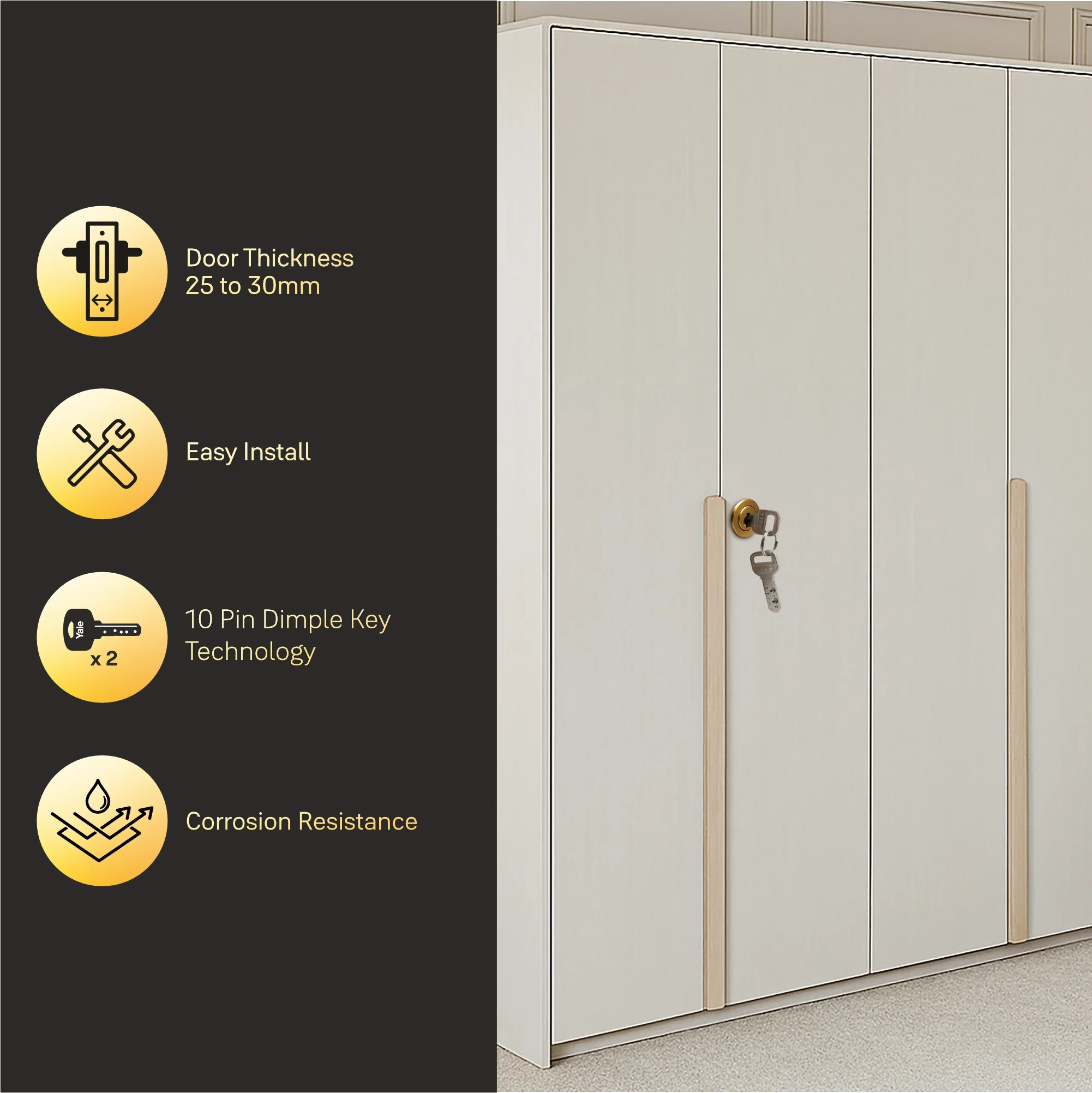 Yale Wardrobe Lock WRD Series 30mm | Stainless-steel Lock with Dimple Key | Reversible Keys | Deadbolt | Installed in Cupboards, Wardrobes & Wooden Furniture | Rose Gold - Image 3