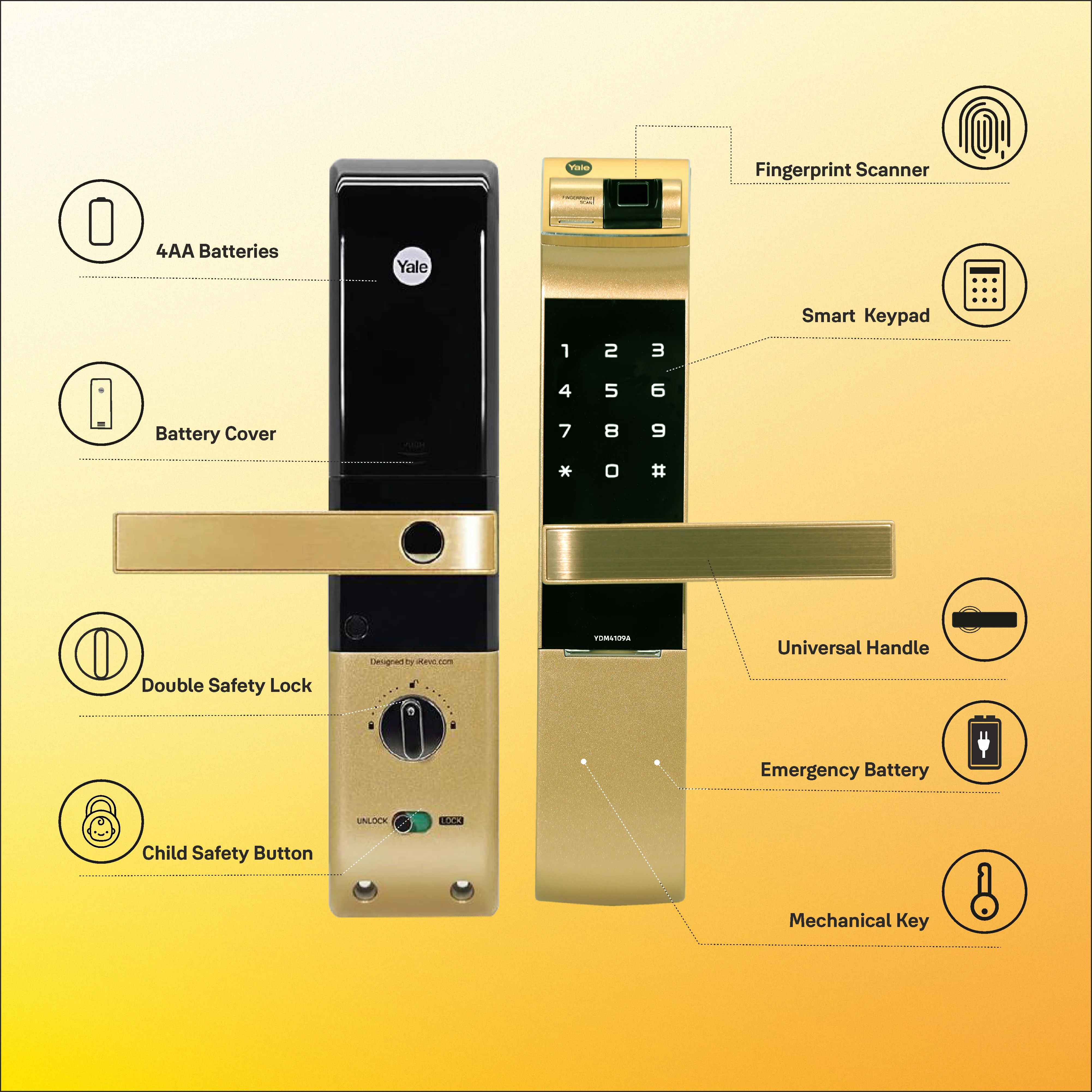 YDM 4109- A Series, Biometric Smart Lock, Gold - Image 4