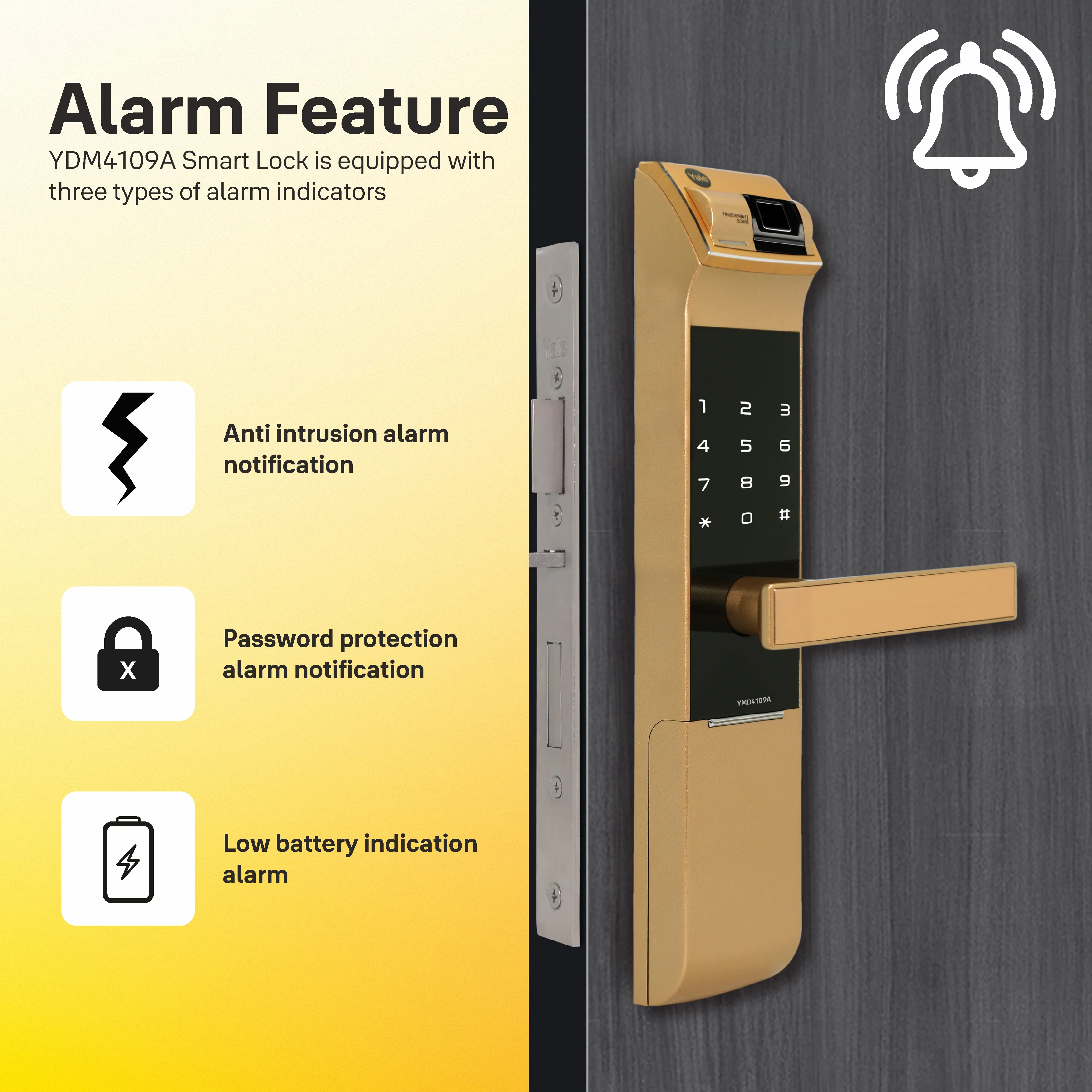YDM 4109- A Series, Biometric Smart Lock, Gold - Image 7