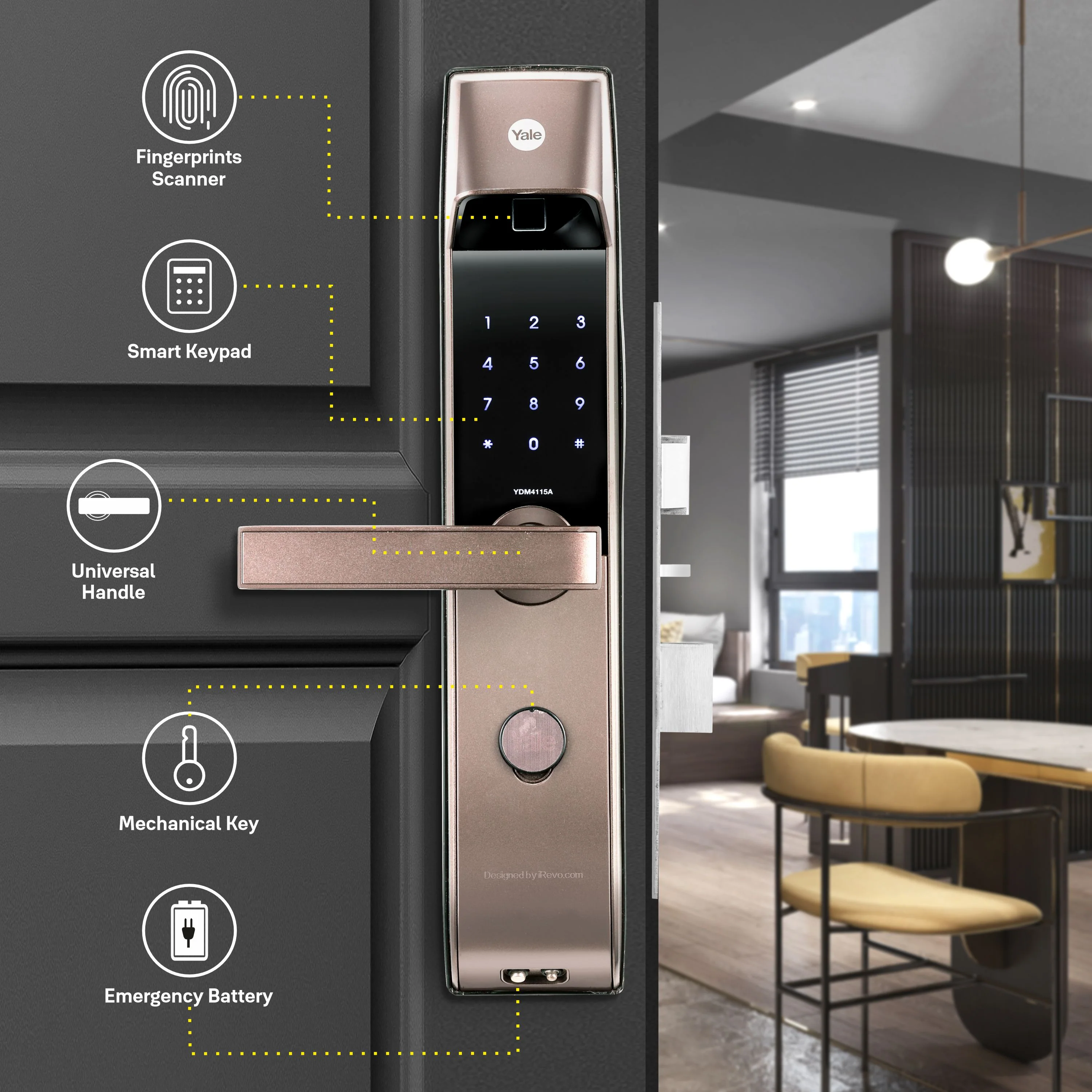 YDM 4115 -A Series, Biometric Smart Lock, Brown with Fingerprint, PIN, manual key and Yale Home App - Image 3