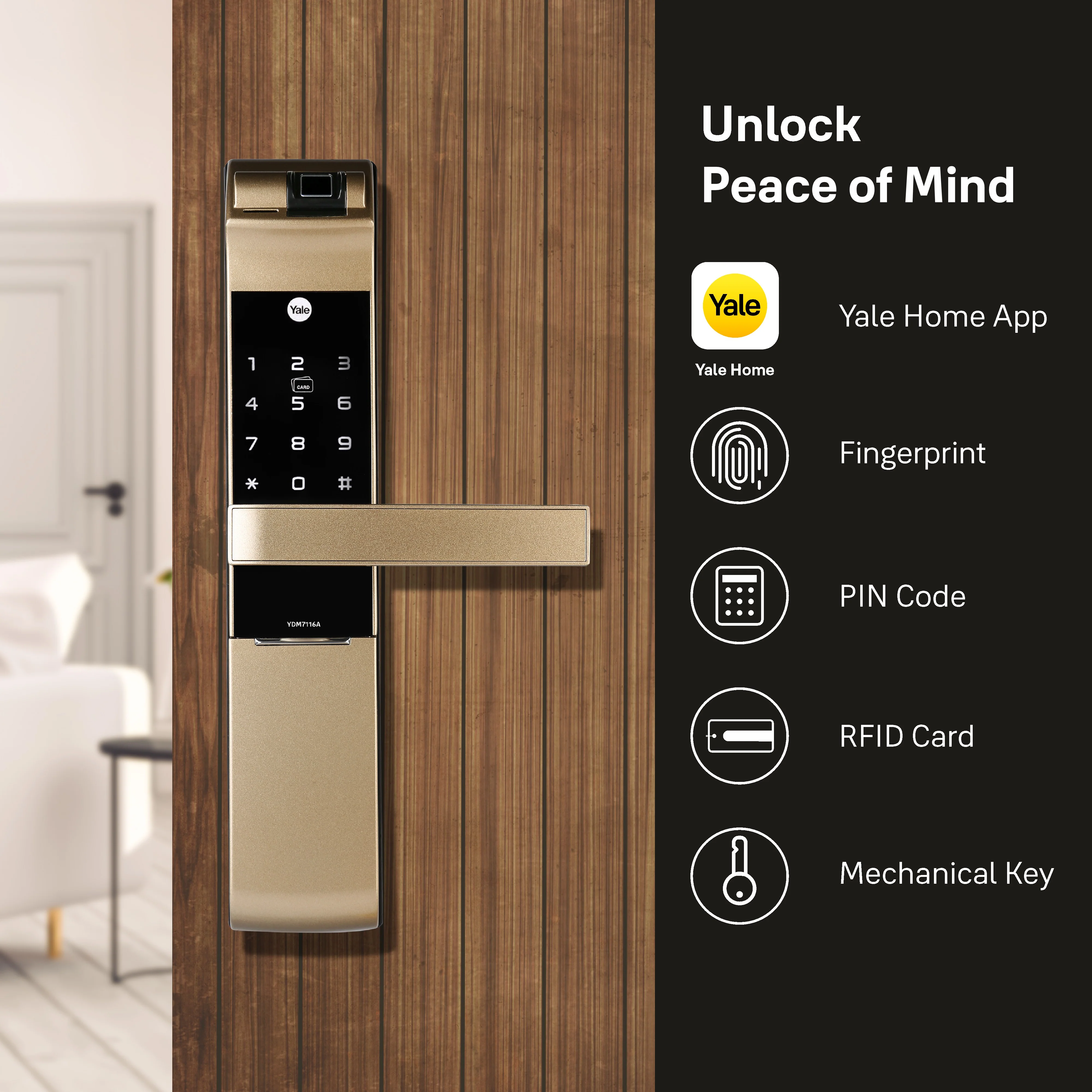 YDM 7116A Smart Lock, Champagne Gold with Fingerprint, PIN Code, RFID Card, Mechanical Key, Bluetooth module, Works with Yale Home App - Image 4