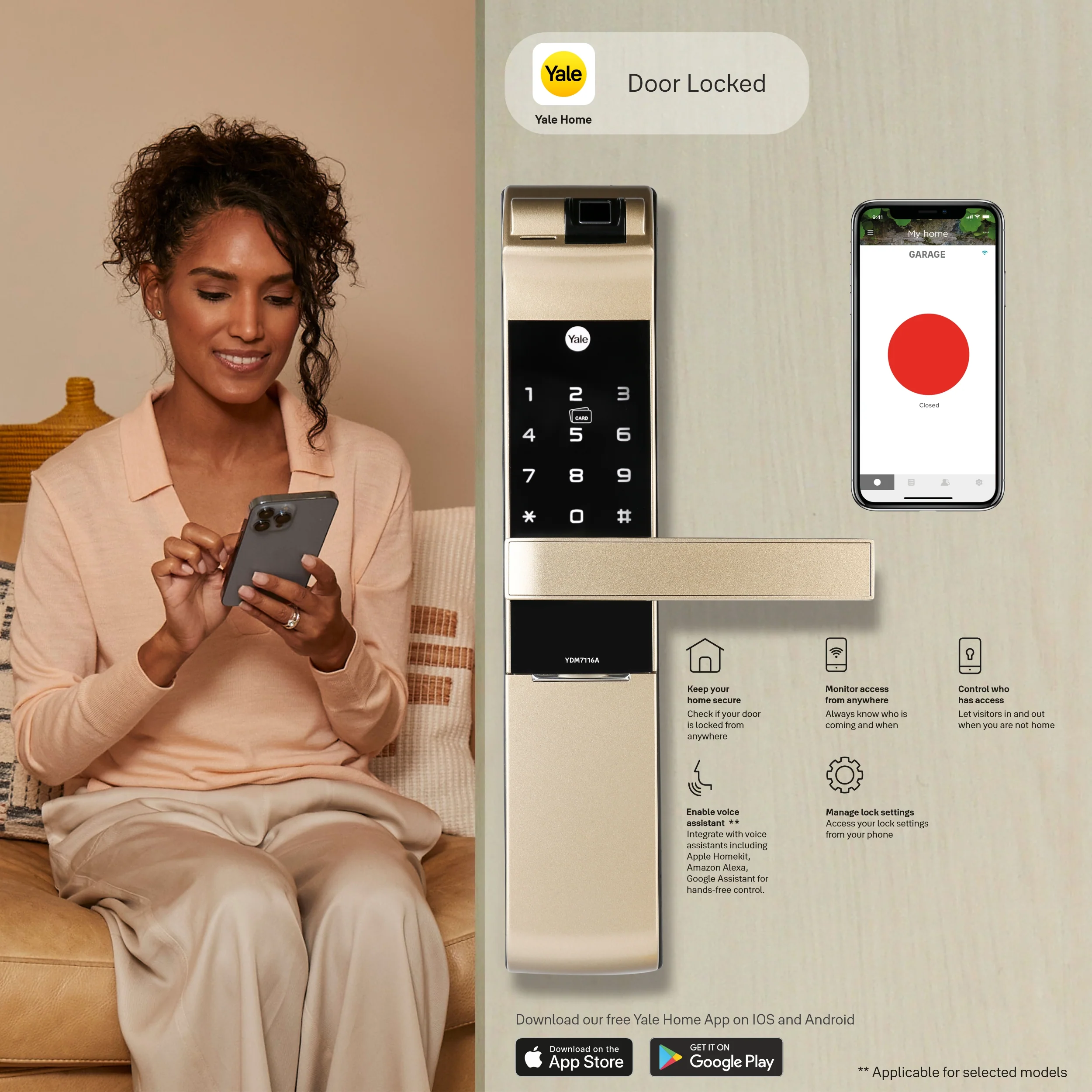YDM 7116A Smart Lock, Champagne Gold with Fingerprint, PIN Code, RFID Card, Mechanical Key, Bluetooth module, Works with Yale Home App - Image 8