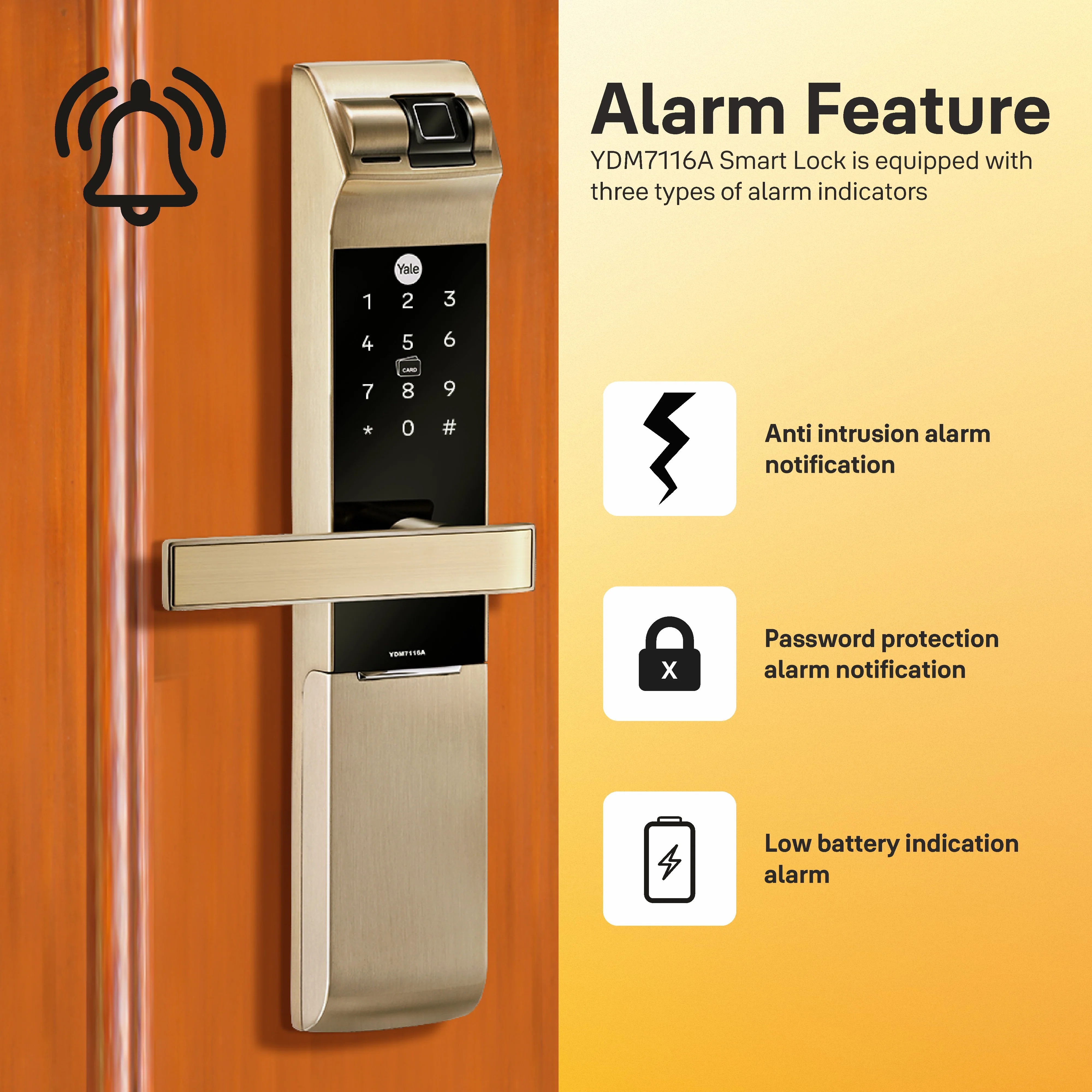 YDM 7116A Smart Lock, Champagne Gold with Fingerprint, PIN Code, RFID Card, Mechanical Key, Bluetooth module, Works with Yale Home App - Image 9