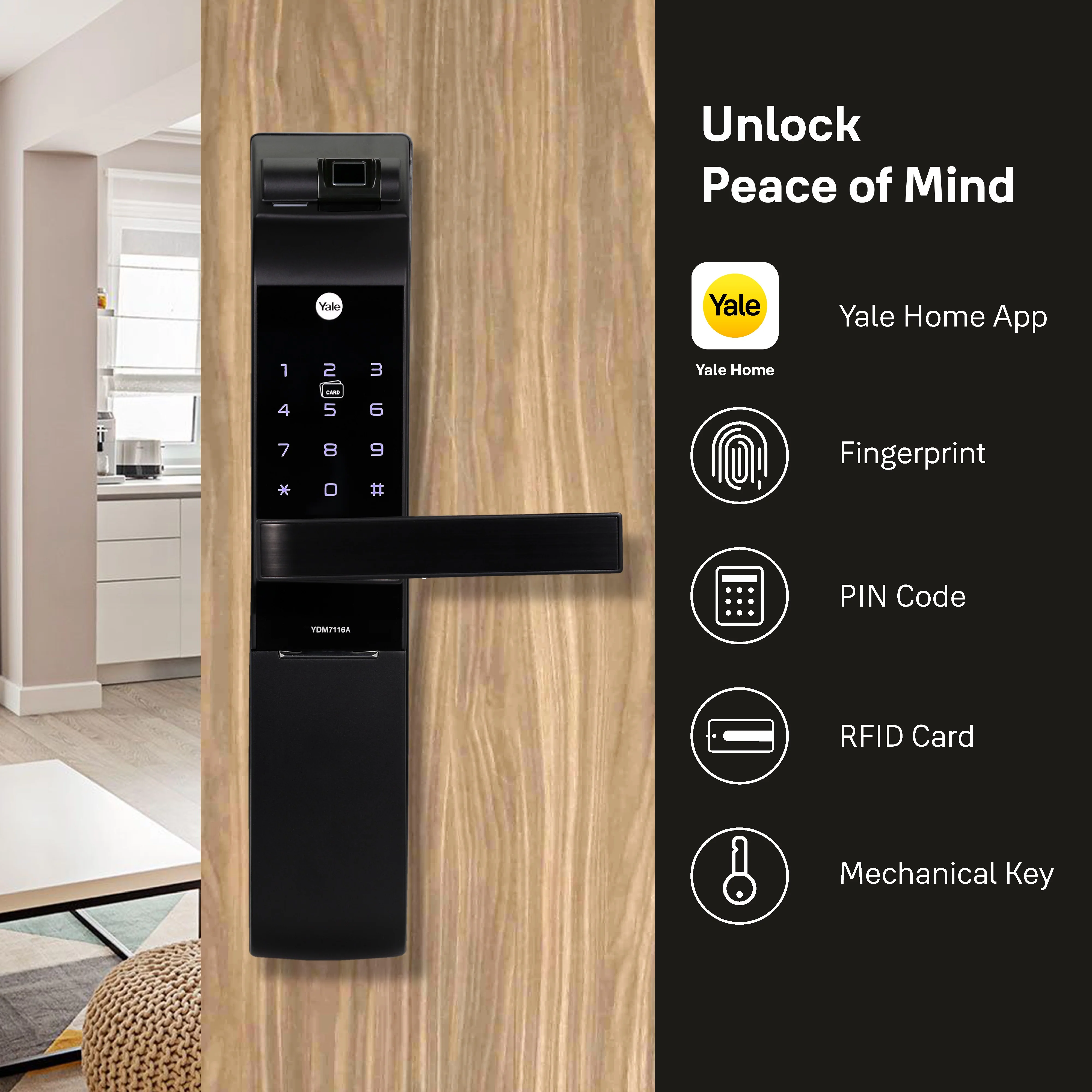 YDM 7116A Smart Lock, Matt Black with Fingerprint, PIN Code, RFID Card, Mechanical Key, Bluetooth module, Works with Yale Home App - Image 4