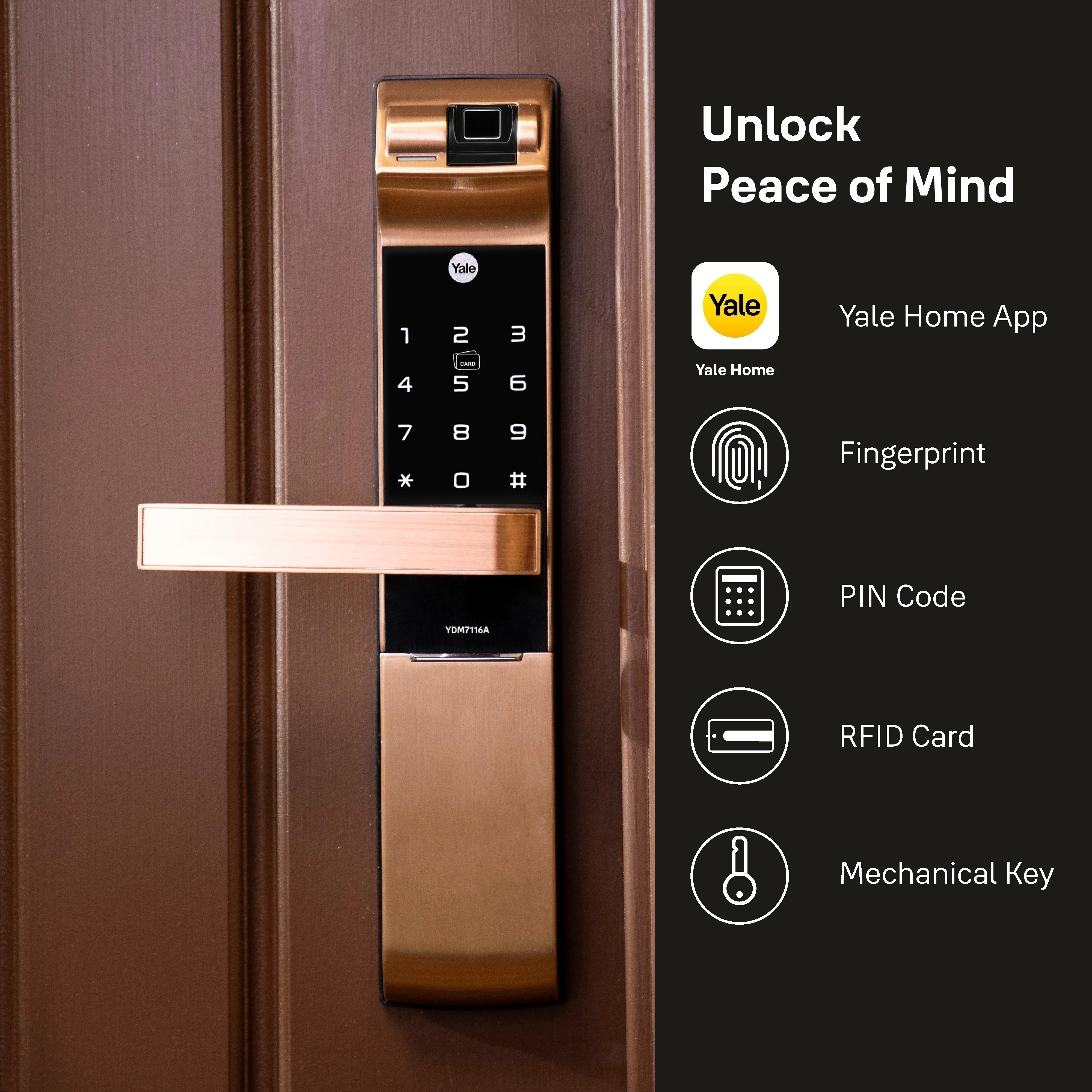 YDM 7116A Smart Lock, Red Bronze YDM 7116A Smart Lock with Fingerprint, PIN Code, RFID Card, Mechanical Key, Bluetooth module, Works with Yale Home App - Image 5
