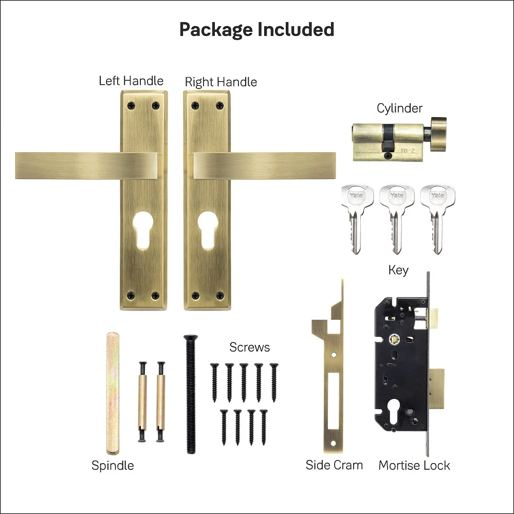 YECM-405-8P-TT-AB Mortise Door Handle set with lock body and Key cylinder with regular keys (3nos.), Antique Brass Finish - Image 10