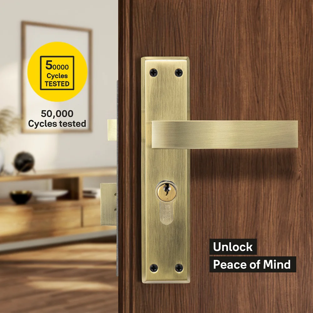 YECM-405-8P-TT-AB Mortise Door Handle set with lock body and Key cylinder with regular keys (3nos.), Antique Brass Finish - Image 3