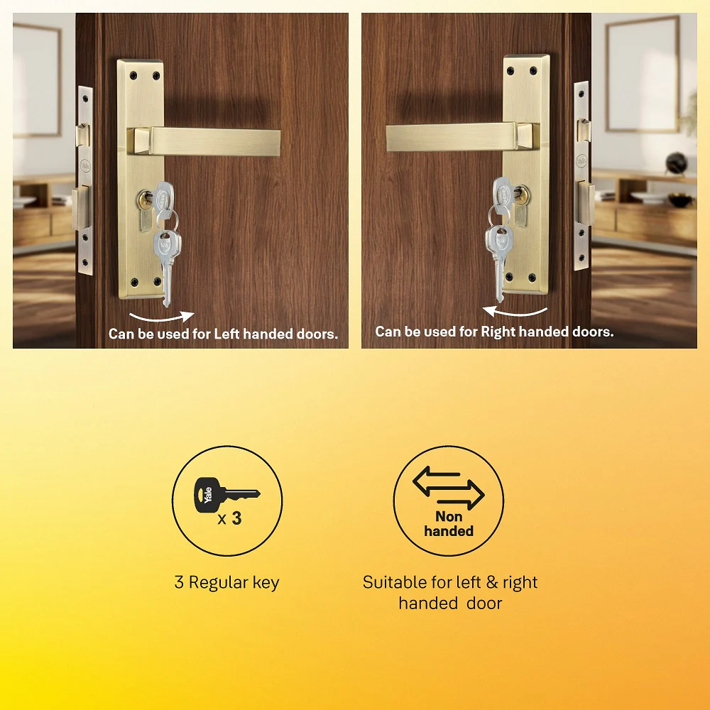 YECM-405-8P-TT-AB Mortise Door Handle set with lock body and Key cylinder with regular keys (3nos.), Antique Brass Finish - Image 4