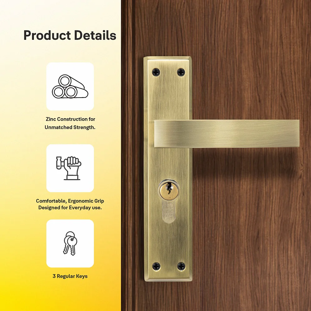 YECM-405-8P-TT-AB Mortise Door Handle set with lock body and Key cylinder with regular keys (3nos.), Antique Brass Finish - Image 5