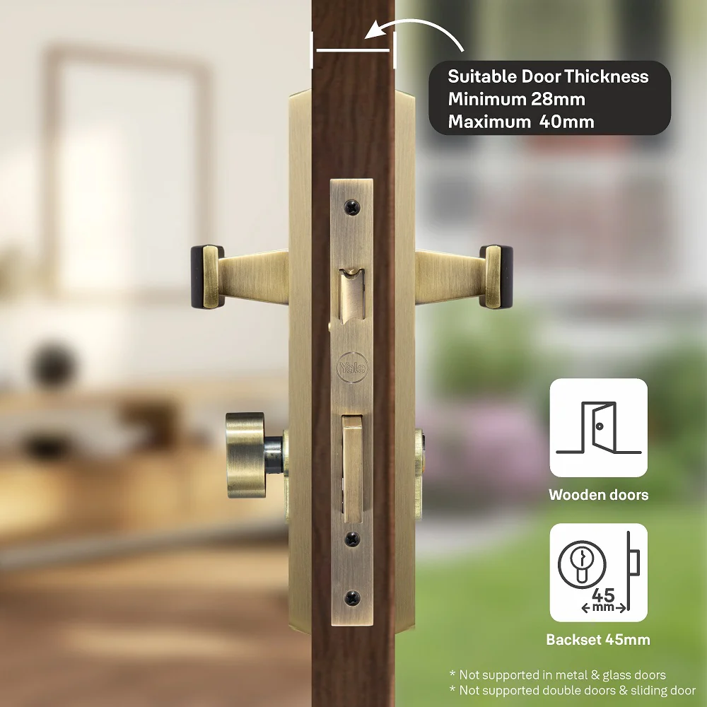 YECM-405-8P-TT-AB Mortise Door Handle set with lock body and Key cylinder with regular keys (3nos.), Antique Brass Finish - Image 7
