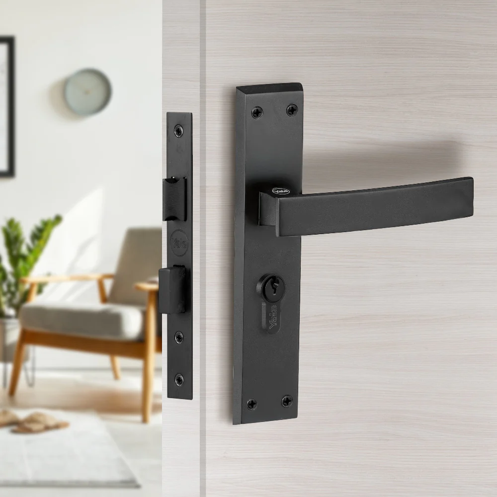 YECM-405-8P-TT-BM Mortise Door Handle set with lock body and Key cylinder with regular keys (3nos.), Black Matt Finish
