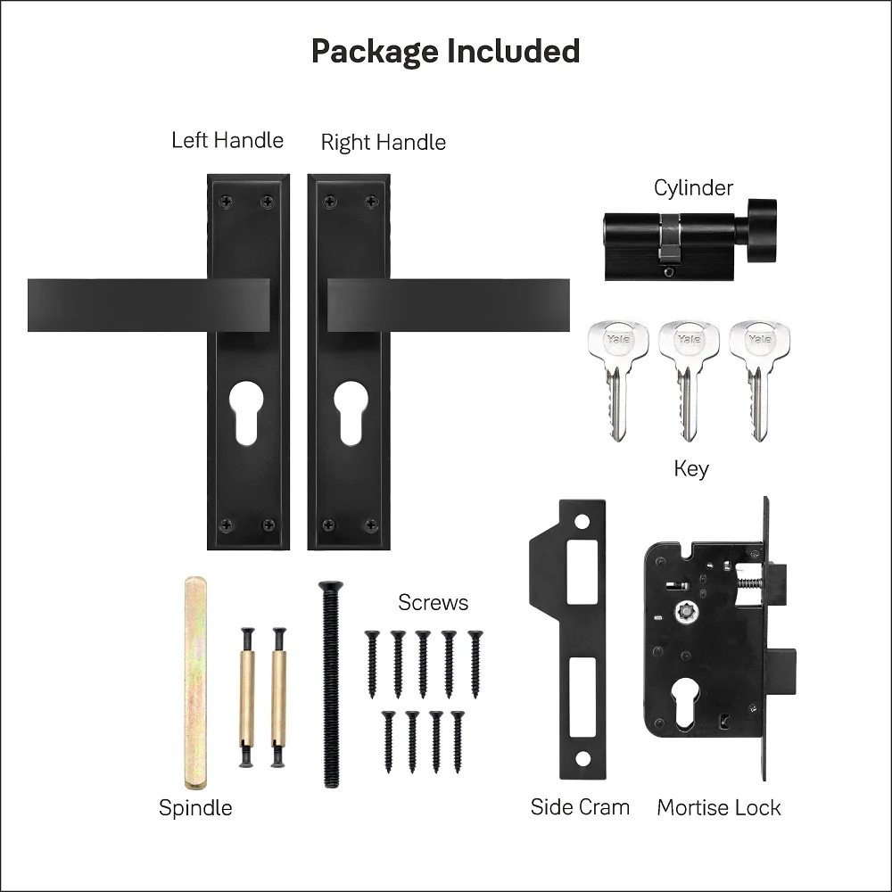 YECM-405-8P-TT-BM Mortise Door Handle set with lock body and Key cylinder with regular keys (3nos.), Black Matt Finish - Image 10