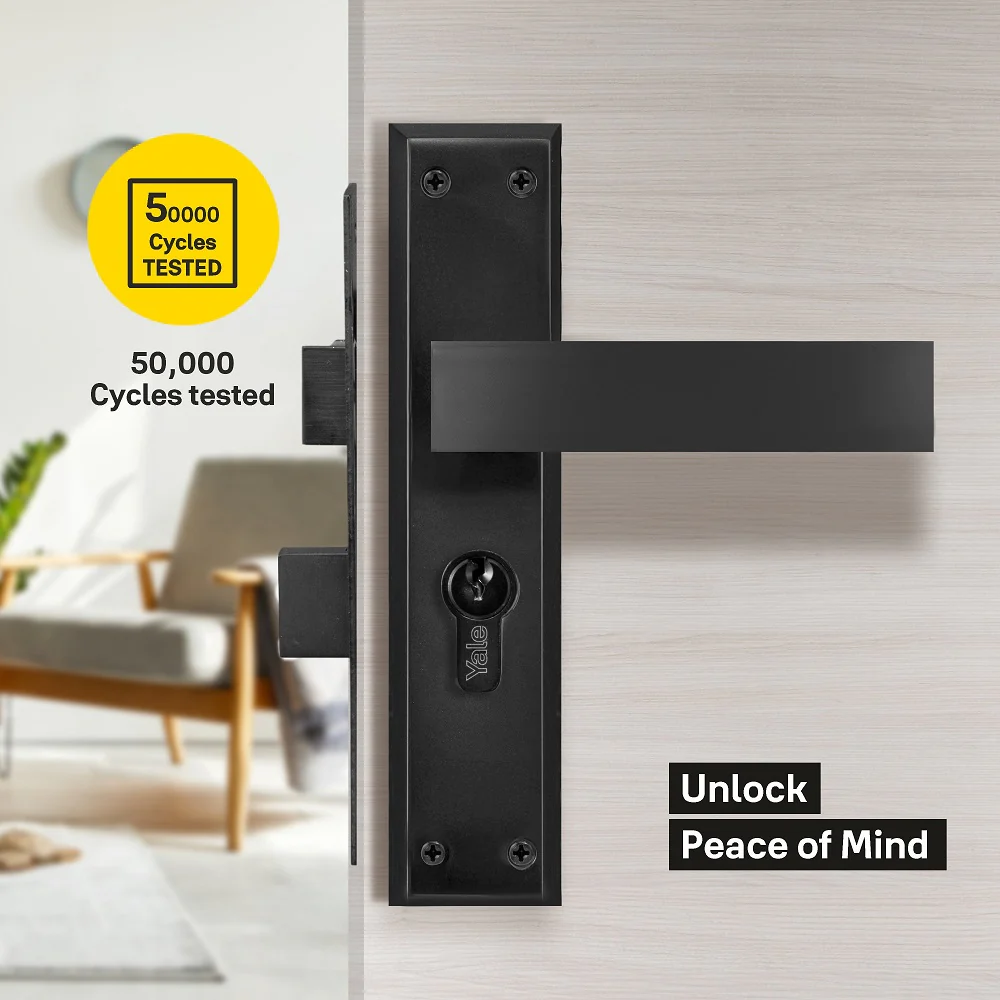 YECM-405-8P-TT-BM Mortise Door Handle set with lock body and Key cylinder with regular keys (3nos.), Black Matt Finish - Image 3