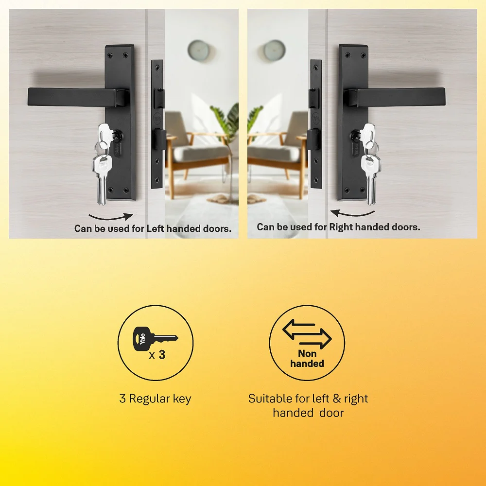 YECM-405-8P-TT-BM Mortise Door Handle set with lock body and Key cylinder with regular keys (3nos.), Black Matt Finish - Image 4