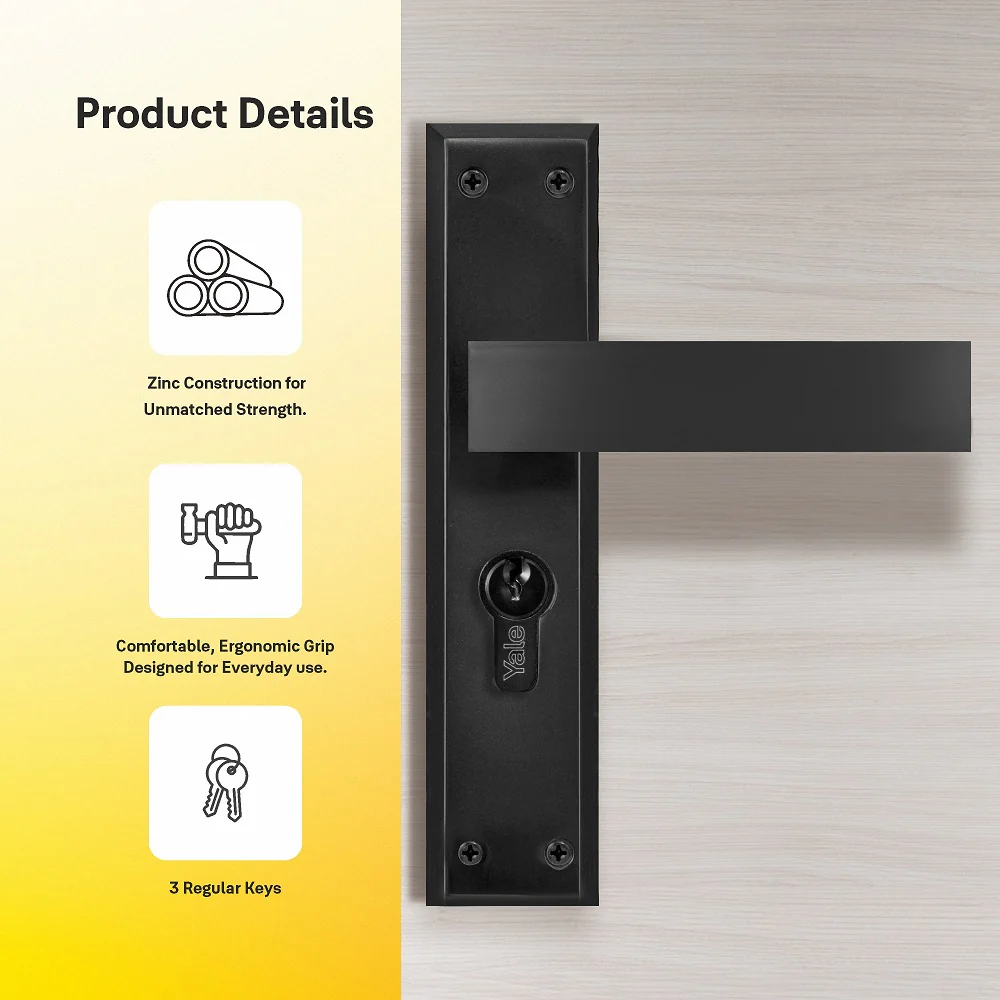 YECM-405-8P-TT-BM Mortise Door Handle set with lock body and Key cylinder with regular keys (3nos.), Black Matt Finish - Image 5