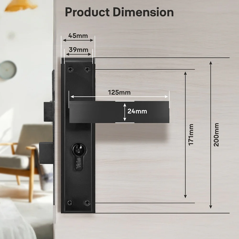 YECM-405-8P-TT-BM Mortise Door Handle set with lock body and Key cylinder with regular keys (3nos.), Black Matt Finish - Image 9