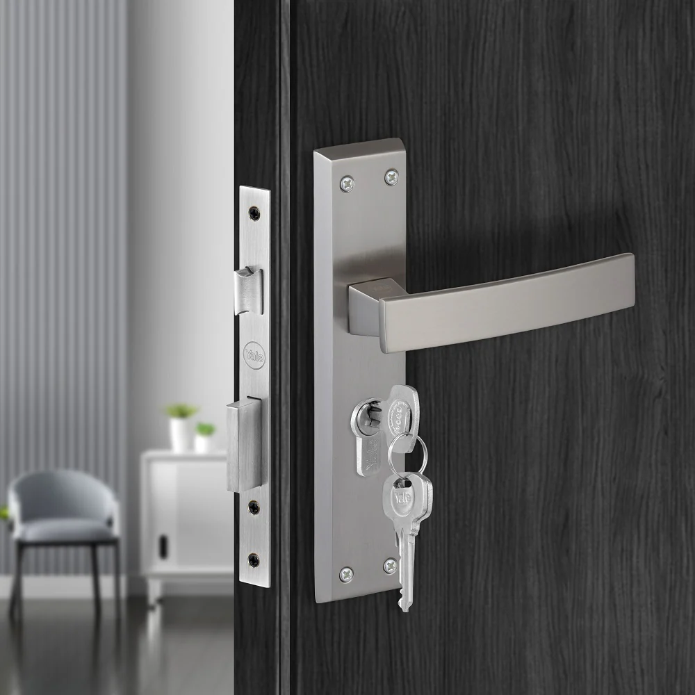 YECM-405-8P-TT-SS Mortise Door Handle set with lock body and Key cylinder with regular keys (3nos.), Satin Steel Finish