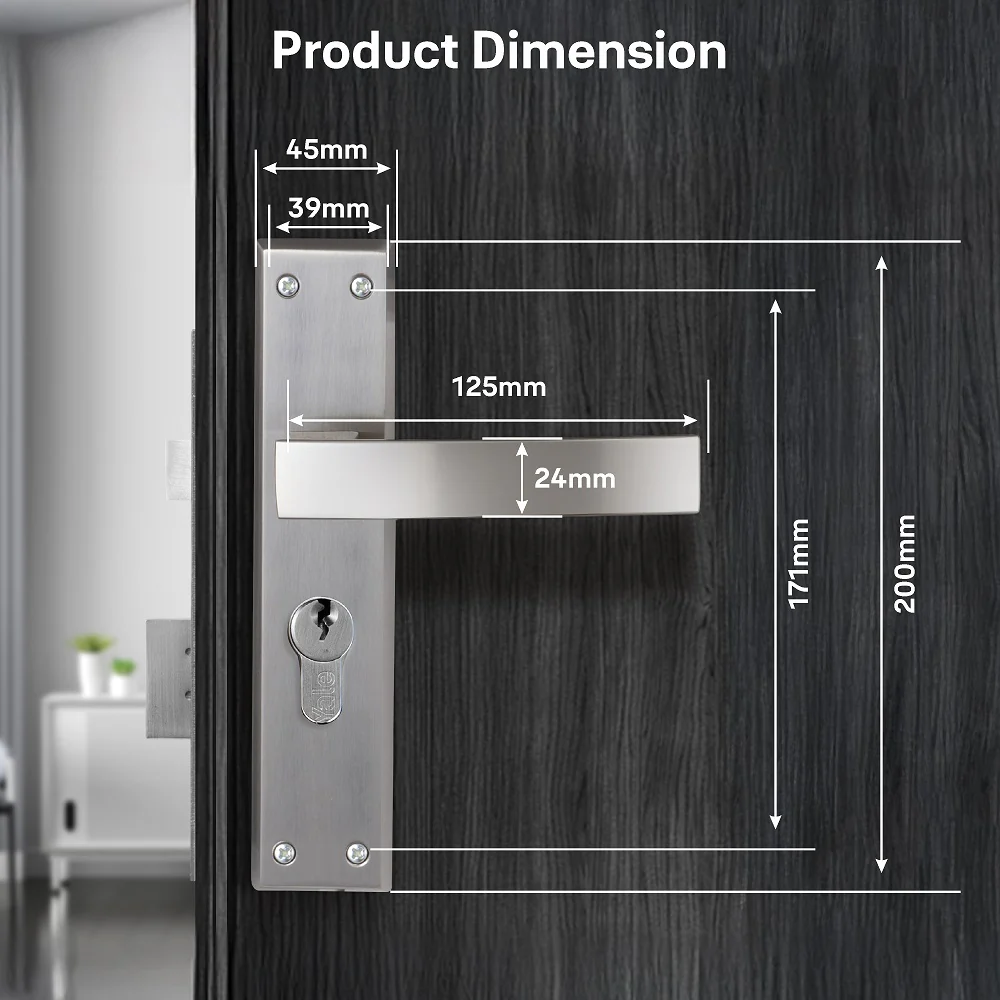 YECM-405-8P-TT-SS Mortise Door Handle set with lock body and Key cylinder with regular keys (3nos.), Satin Steel Finish - Image 5