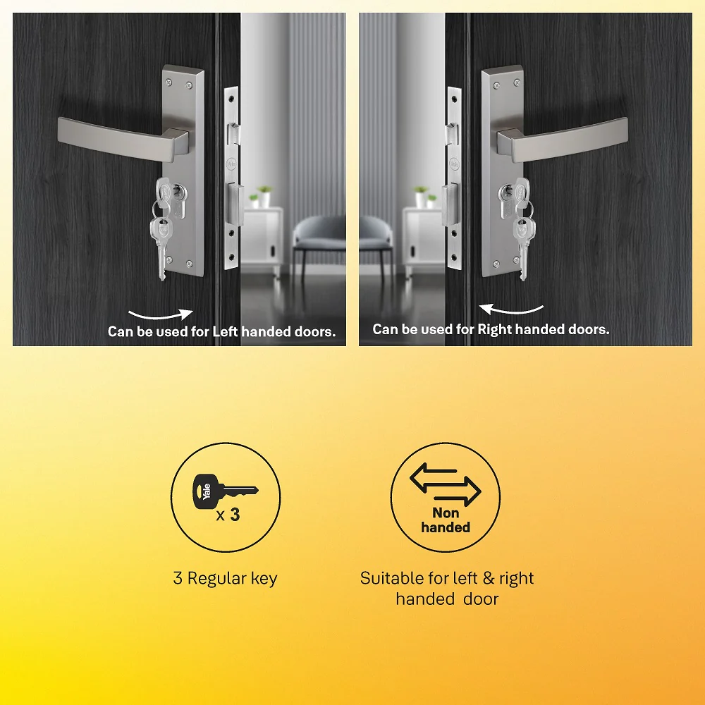 YECM-405-8P-TT-SS Mortise Door Handle set with lock body and Key cylinder with regular keys (3nos.), Satin Steel Finish - Image 6