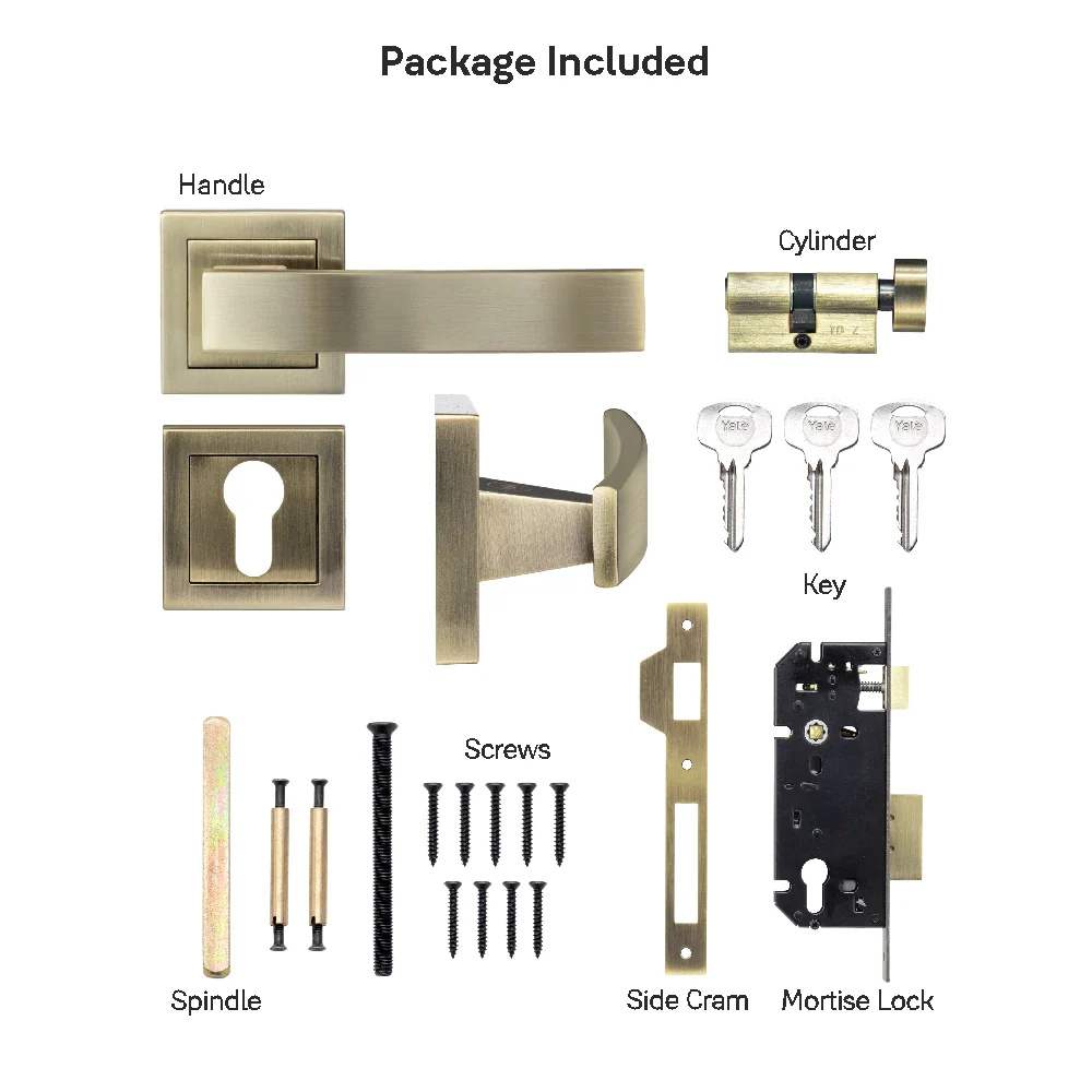 YECM-405-OR-TT-AB Mortise Door Handle Lock Set with Rose and Escutcheons, Cylinder with Knob inside and keys Outside, Antique Brass Finish - Image 12