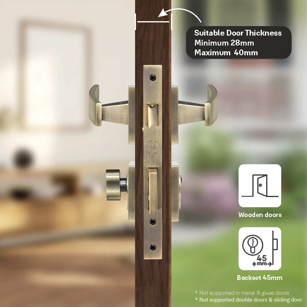 YECM-405-OR-TT-AB Mortise Door Handle Lock Set with Rose and Escutcheons, Cylinder with Knob inside and keys Outside, Antique Brass Finish - Image 9
