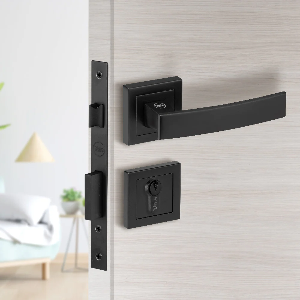 YECM-405-OR-TT-BM Mortise Door Handle Lock Set with Rose and Escutcheons, Cylinder with Knob inside and keys Outside, Black Dual Finish
