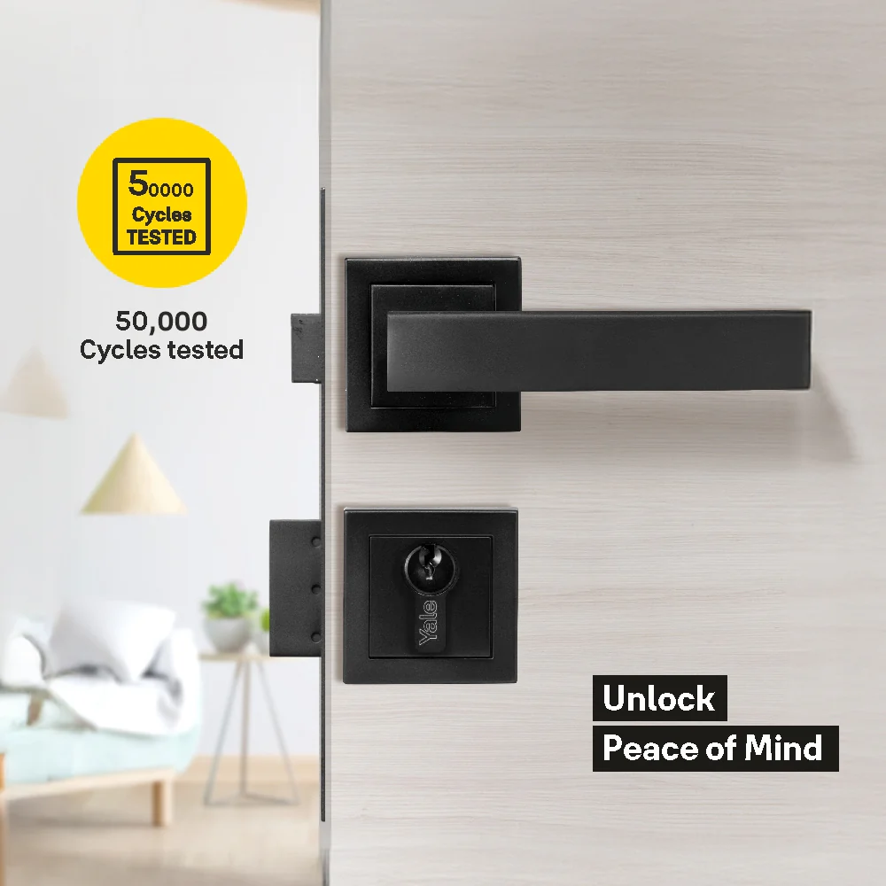 YECM-405-OR-TT-BM Mortise Door Handle Lock Set with Rose and Escutcheons, Cylinder with Knob inside and keys Outside, Black Dual Finish - Image 3