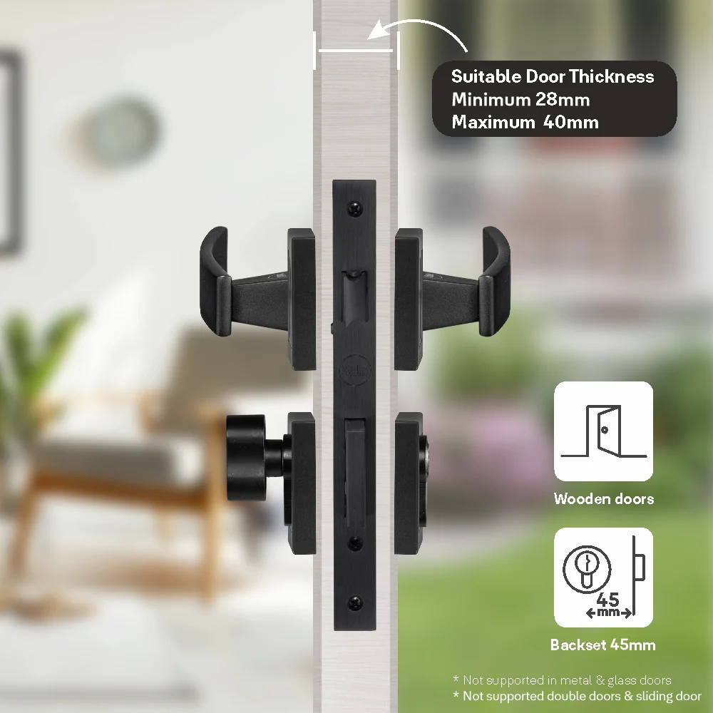 YECM-405-OR-TT-BM Mortise Door Handle Lock Set with Rose and Escutcheons, Cylinder with Knob inside and keys Outside, Black Dual Finish - Image 8