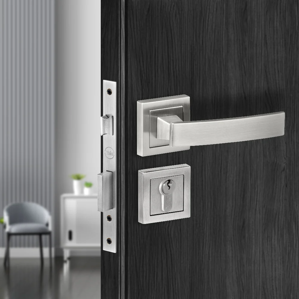 YECM-405-OR-TT-SS Mortise Door Handle Lock Set with Rose and Escutcheons, Cylinder with Knob inside and keys Outside, Satin Steel